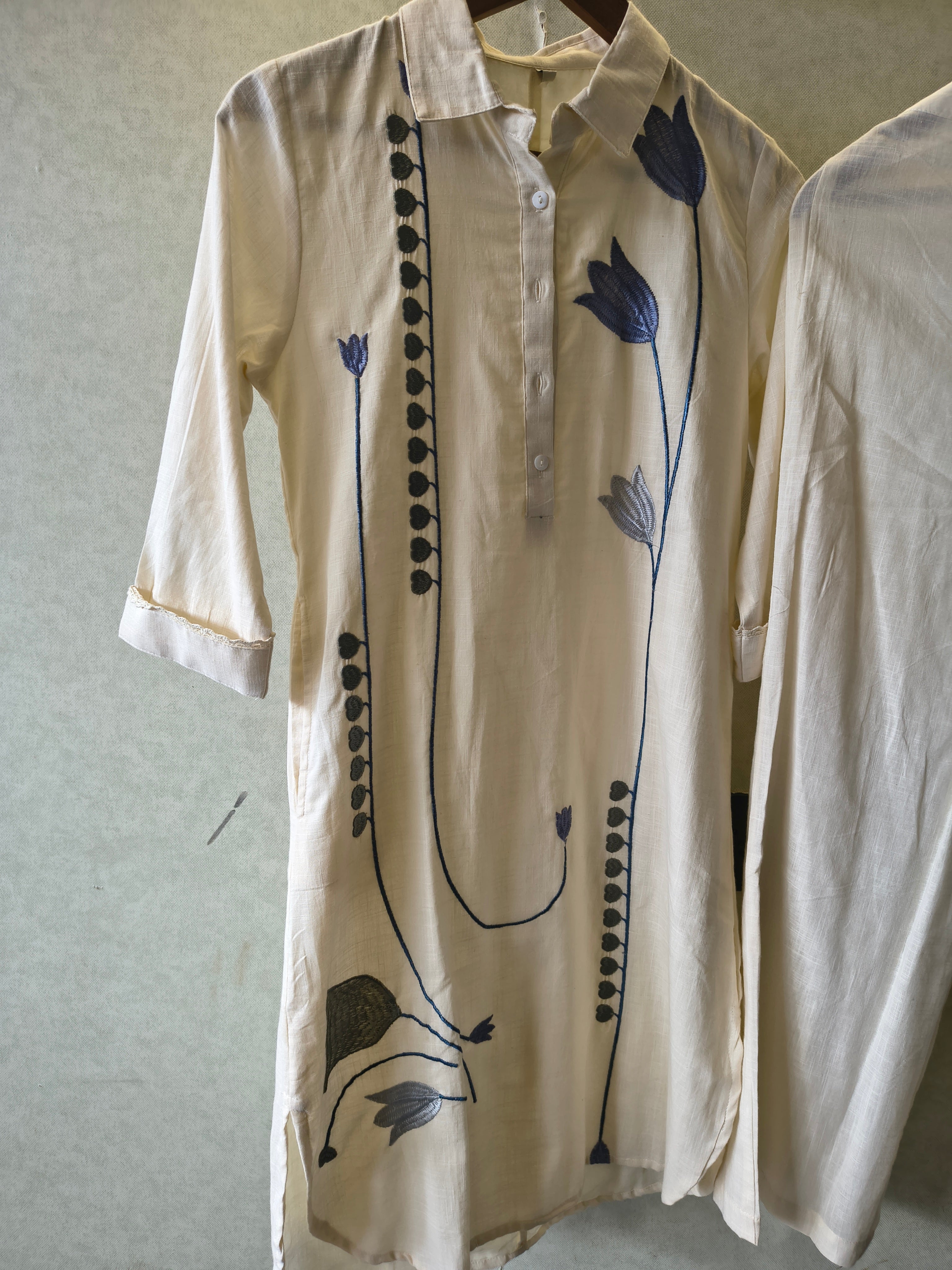 Image of Ivory Botanical Embroidered Cotton Co-Ord Set