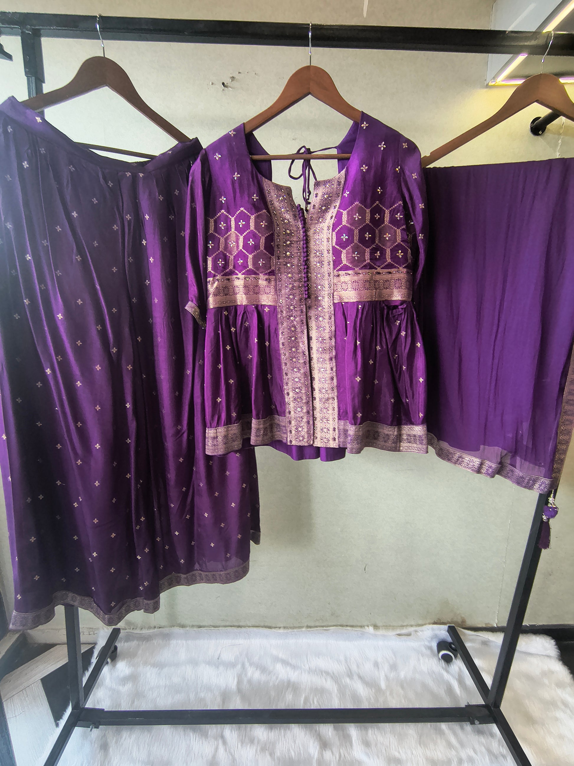 Royal Purple Tissue Silk Embroidered Peplum Jacket with Flared Palazzo & Designer Dupatta – 3 Piece Festive Indo-Western Set