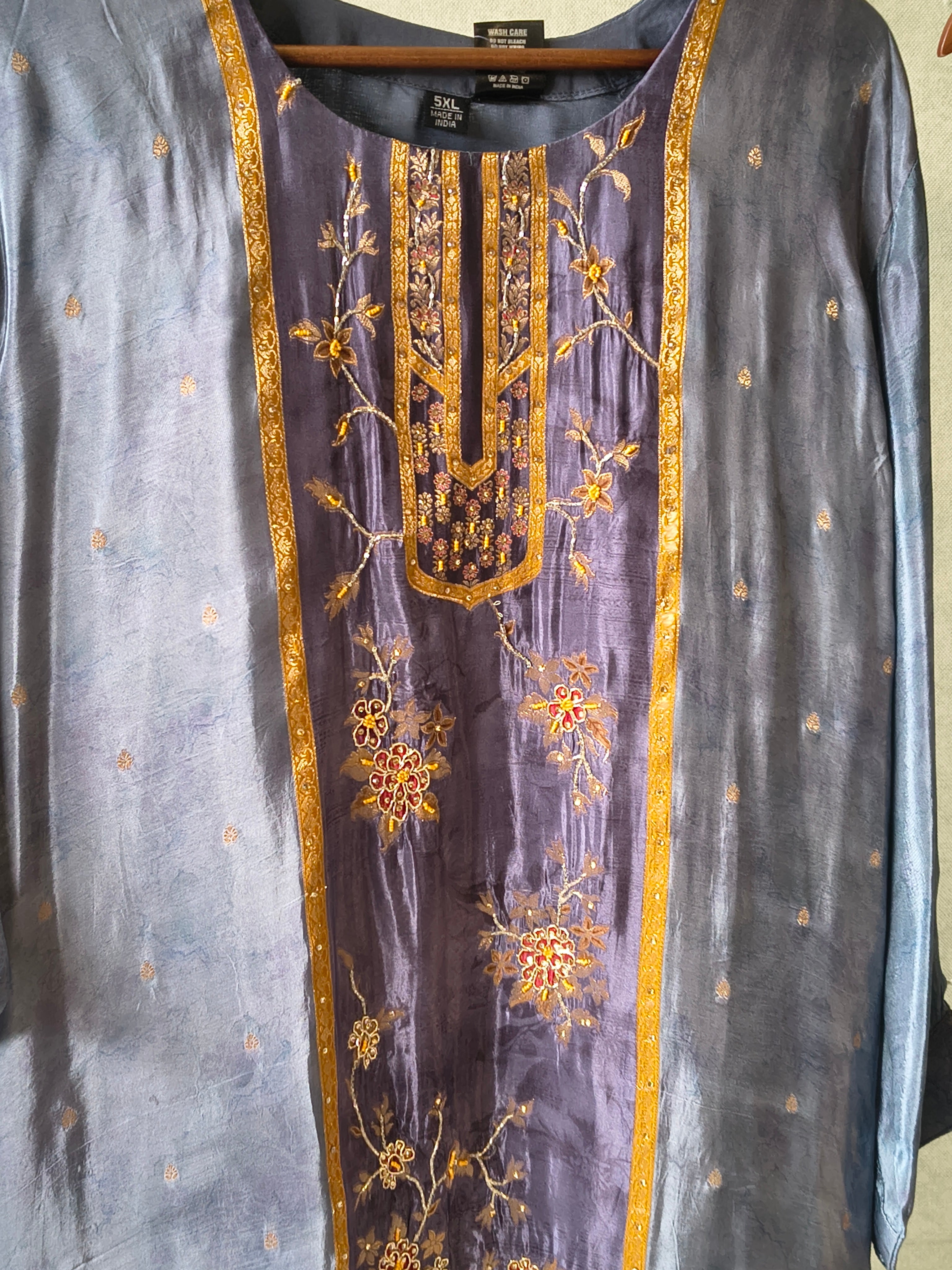 Image of Steel Blue Designer Silk Blend Embroidered Kurta Set with Pants & Dupatta