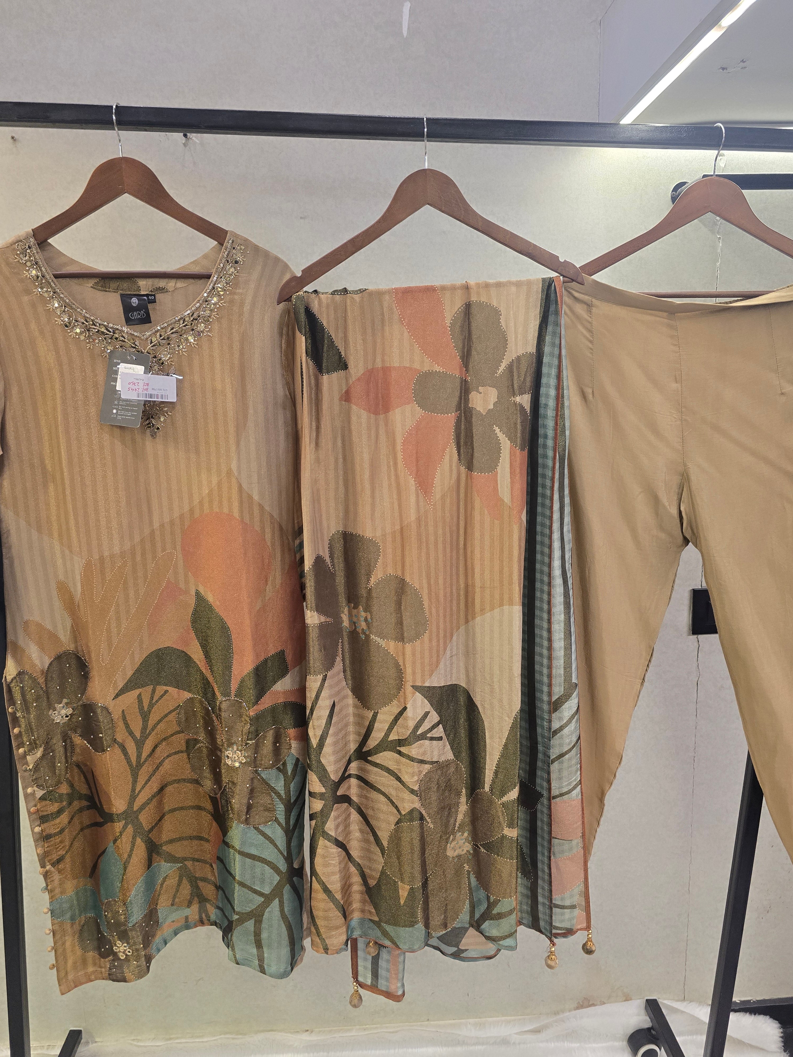 Image of Beige Floral Printed Designer Kurta Set with Embellished Neckline & Printed Dupatta | Premium 3 Piece Ethnic Ensemble