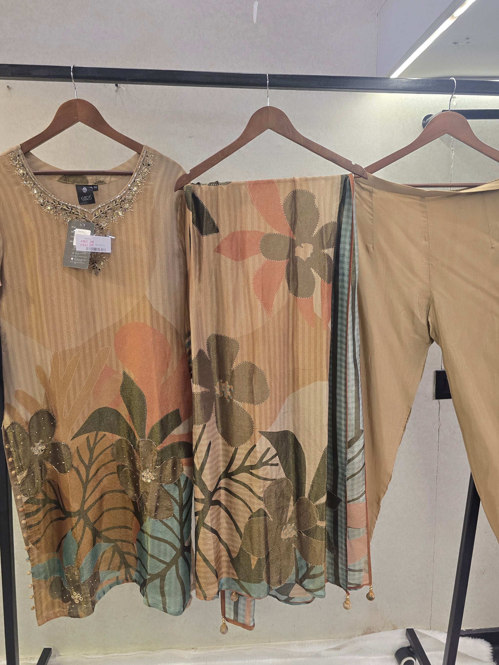 Beige Floral Printed Designer Kurta Set with Embellished Neckline & Printed Dupatta | Premium 3 Piece Ethnic Ensemble