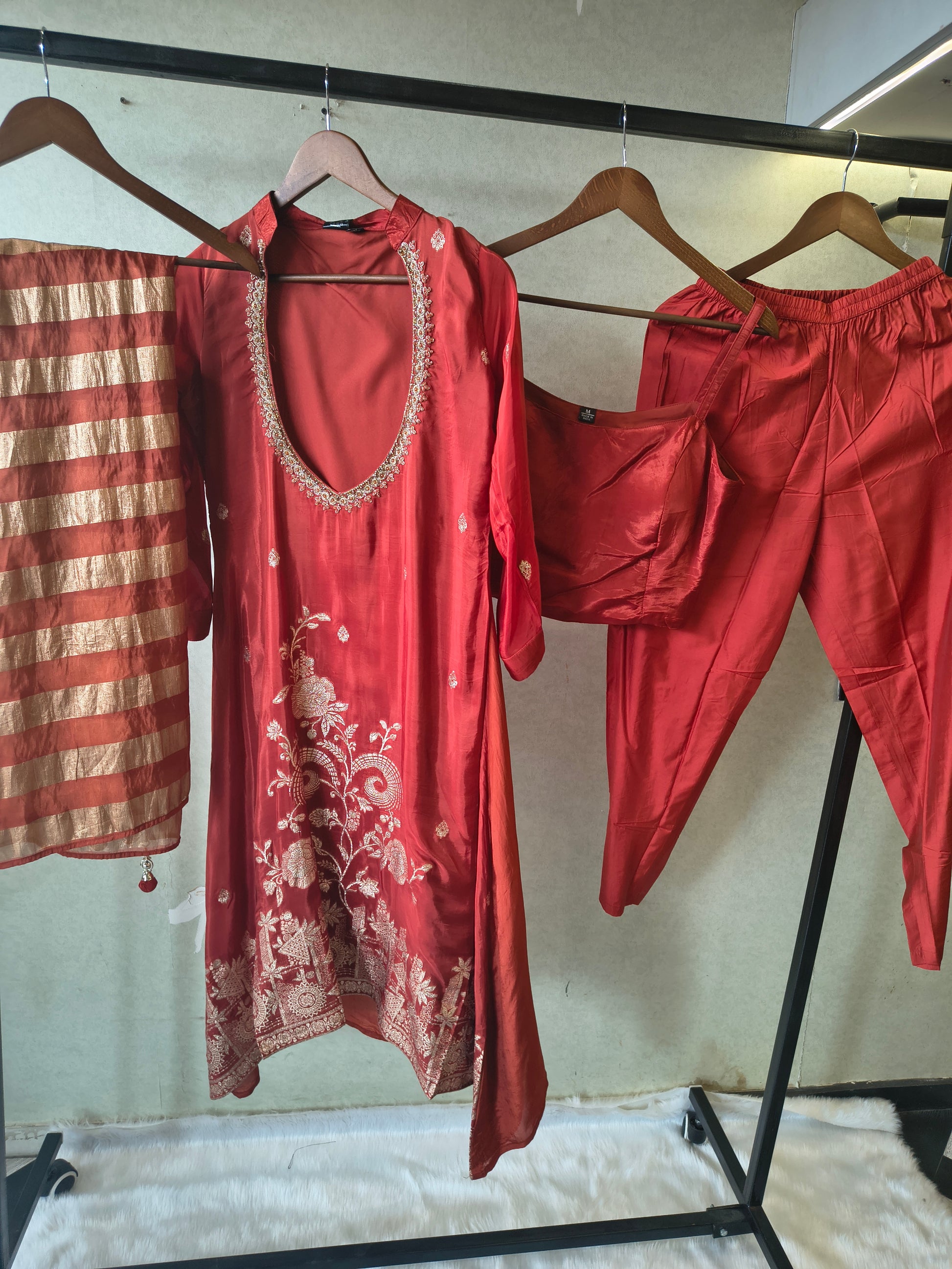 Ruby Red Embroidered Asymmetrical Kurta with Inner, Cigarette Pants & Striped Dupatta – 4 Piece Designer Indo-Western Set