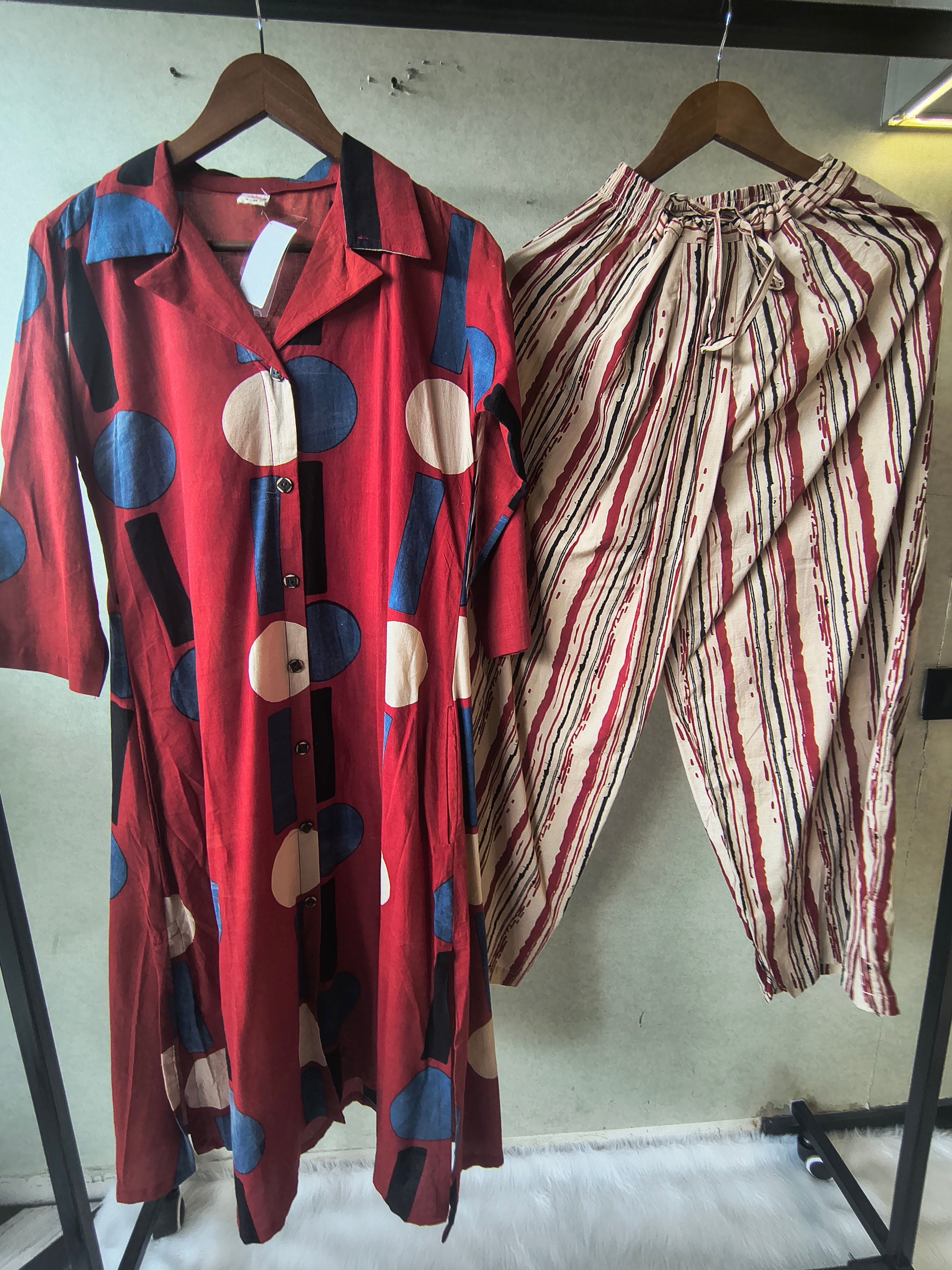 Image of Premium Rust Red Abstract Printed Shirt Kurta with Striped Relaxed Pants Co-Ord Set