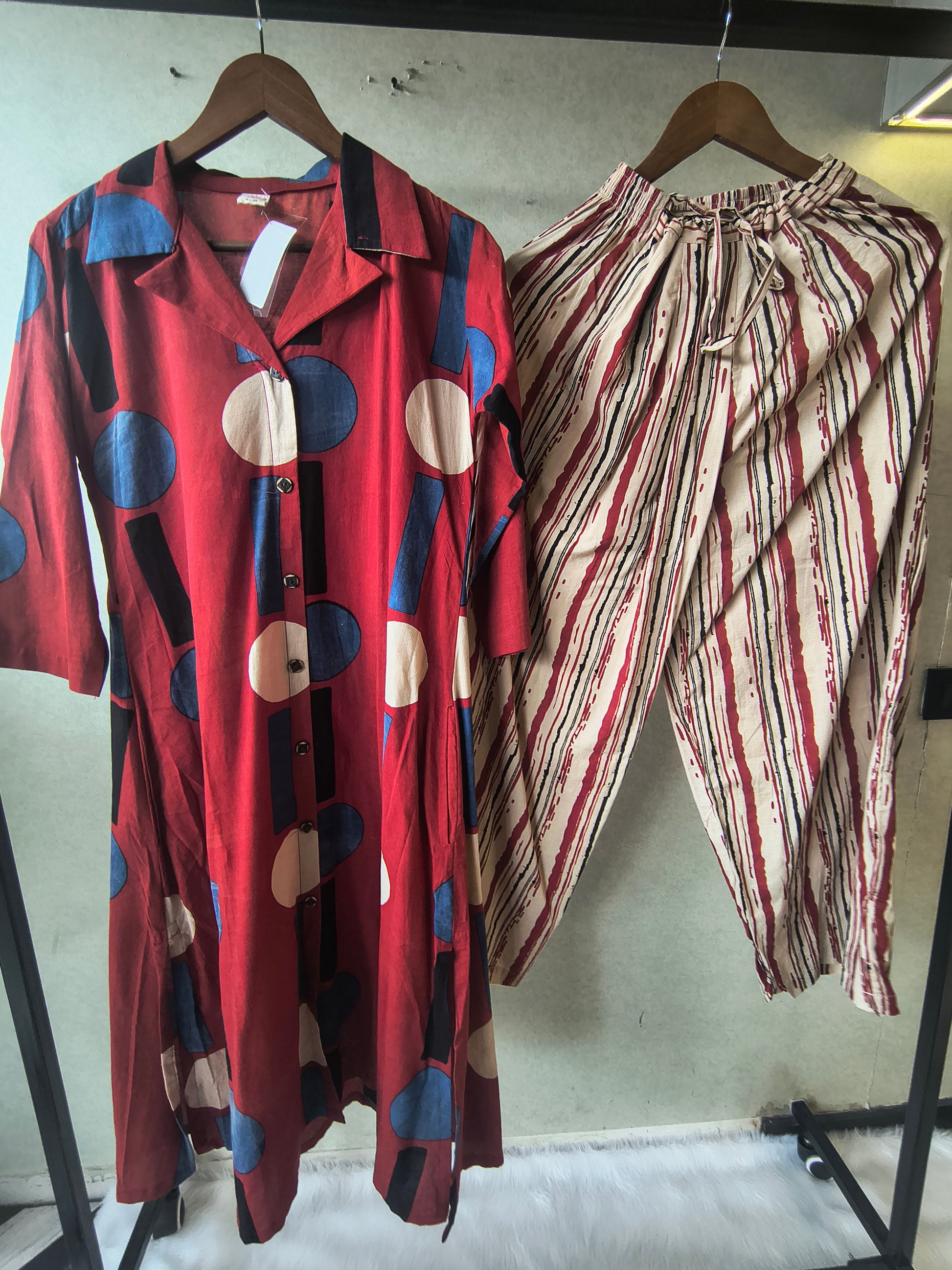 Premium Rust Red Abstract Printed Shirt Kurta with Striped Relaxed Pants Co-Ord Set