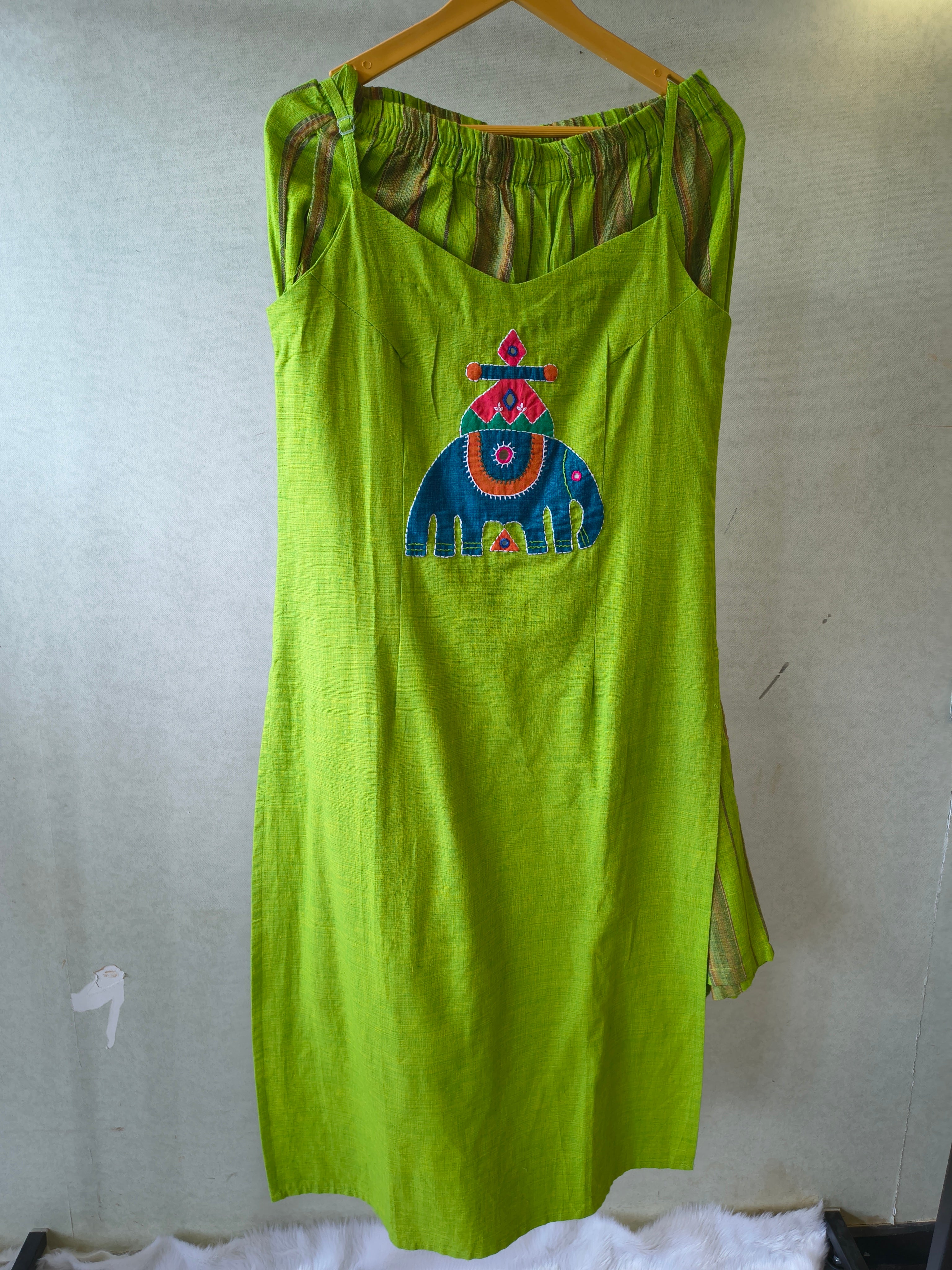 Image of Lime Green Sleeveless Cotton Kurta Set with Tribal Elephant Appliqué & Striped Straight Pants