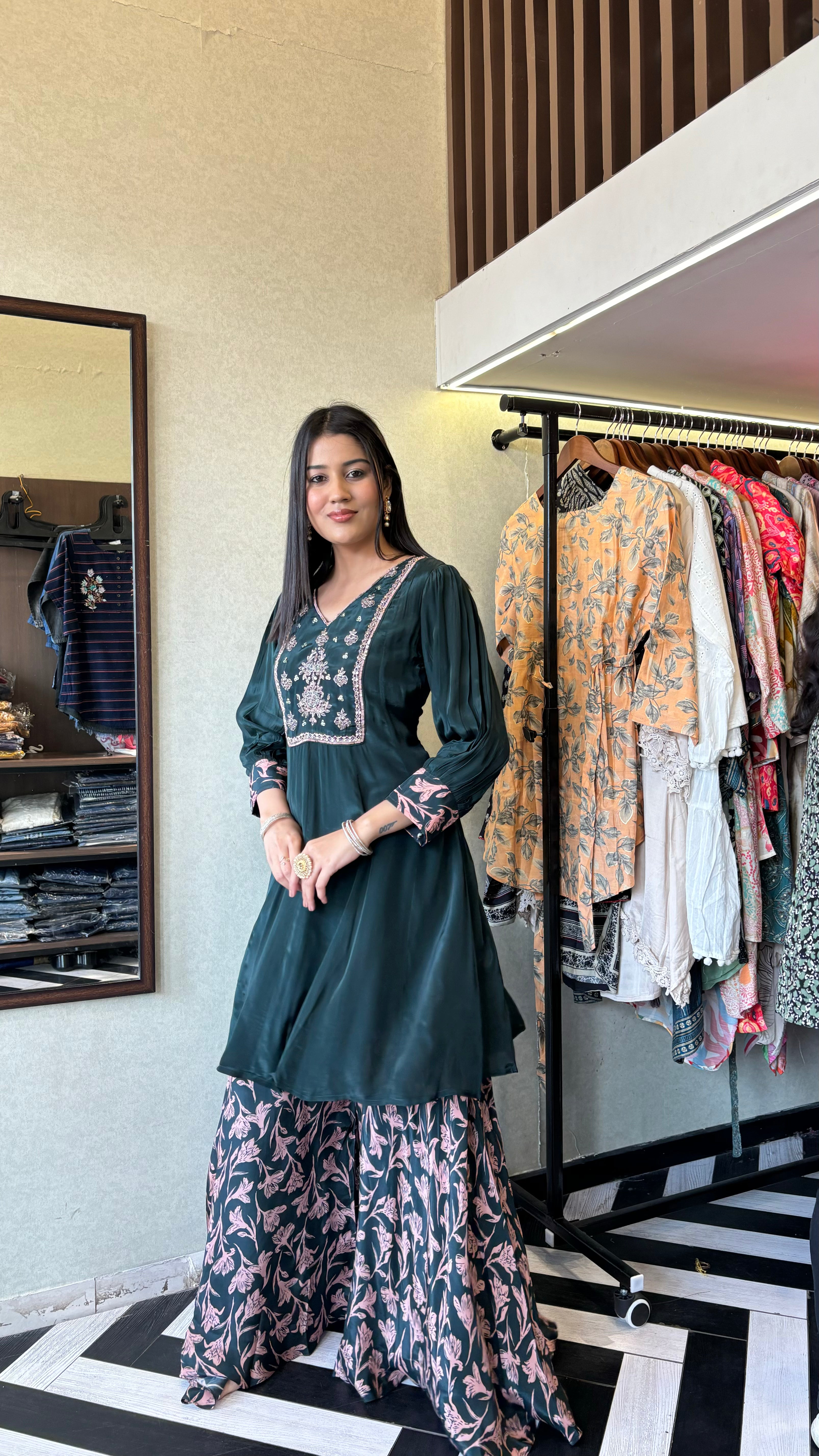 Image of Pure Crepe Indo Western Piece with Hand work