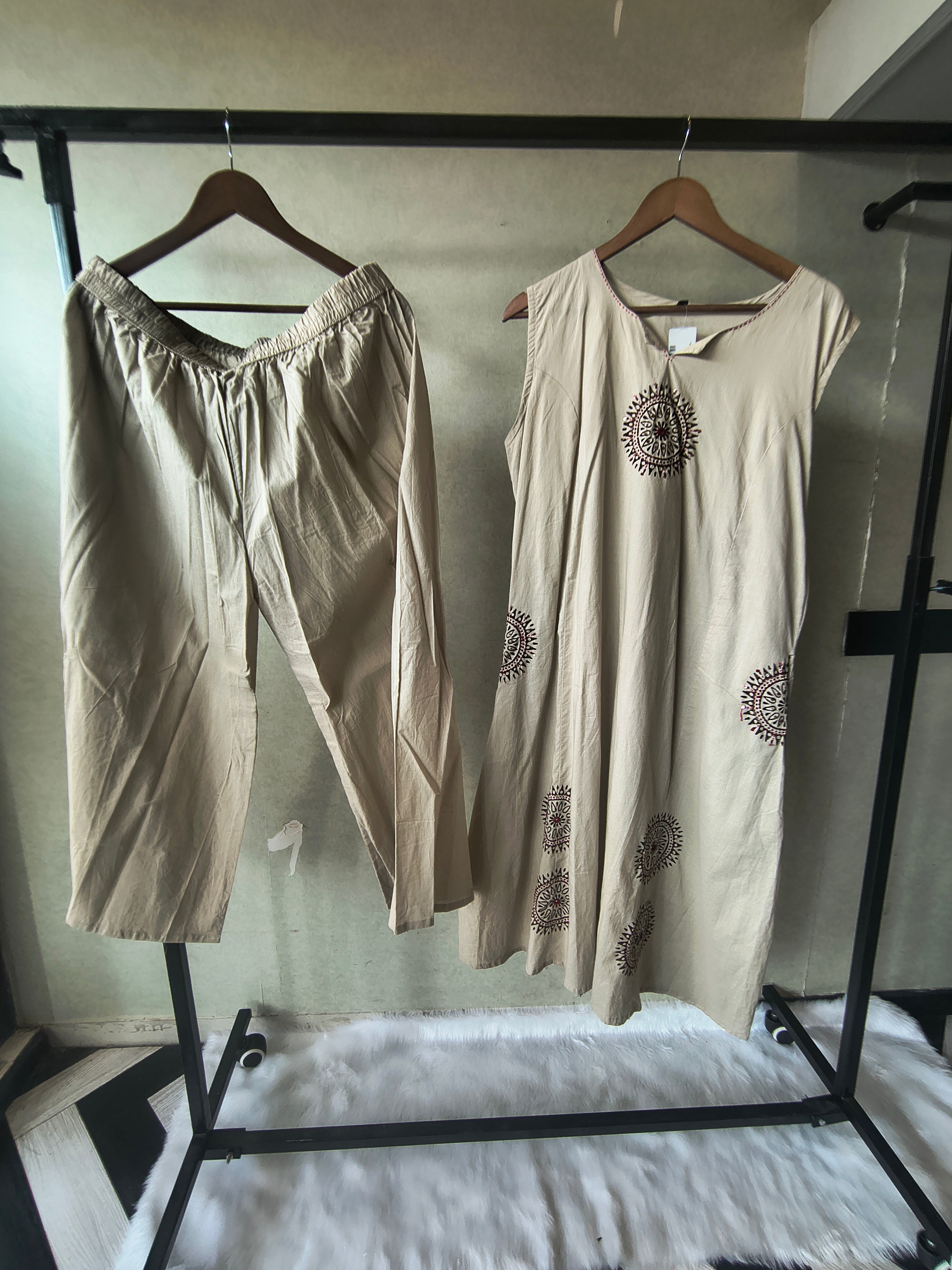 Image of Premium Beige Hand Block Motif A-Line Kurta Set with Straight Pants