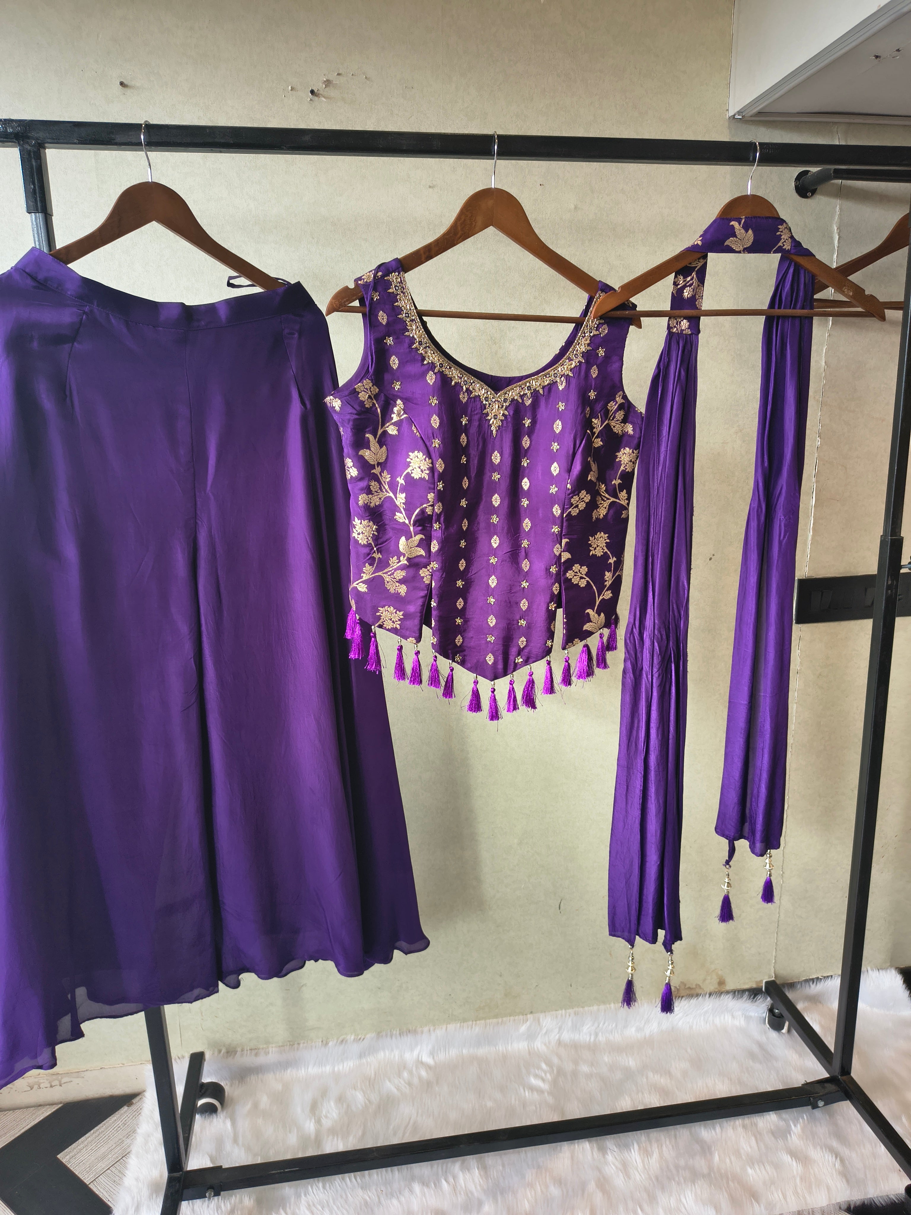 Image of Premium Royal Purple 3-Piece Designer Lehenga Set with Zari Embroidered Peplum Blouse & Dupatta
