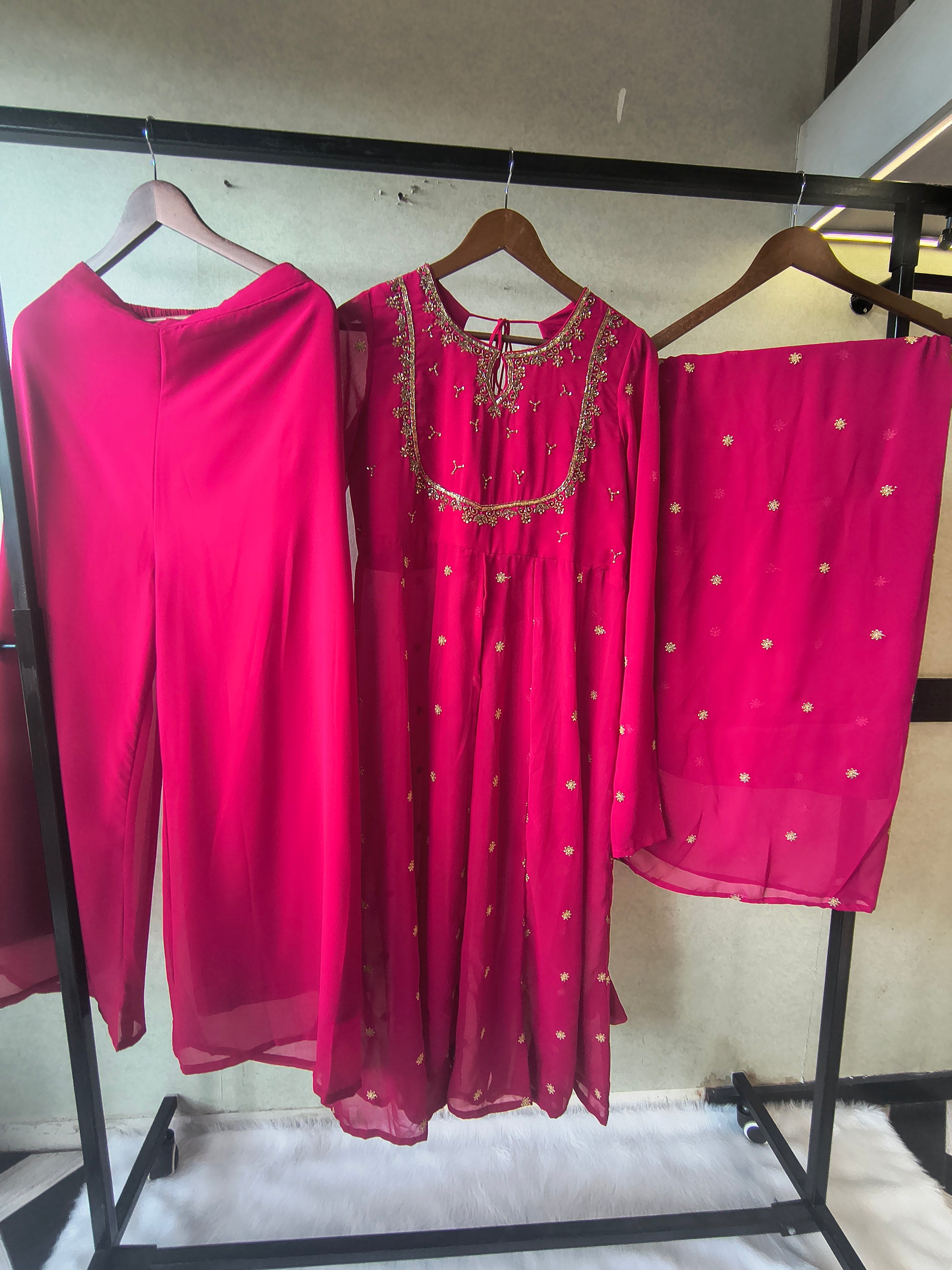 Premium Fuchsia Pink Embroidered Kurta with Sharara & Embellished Dupatta Set