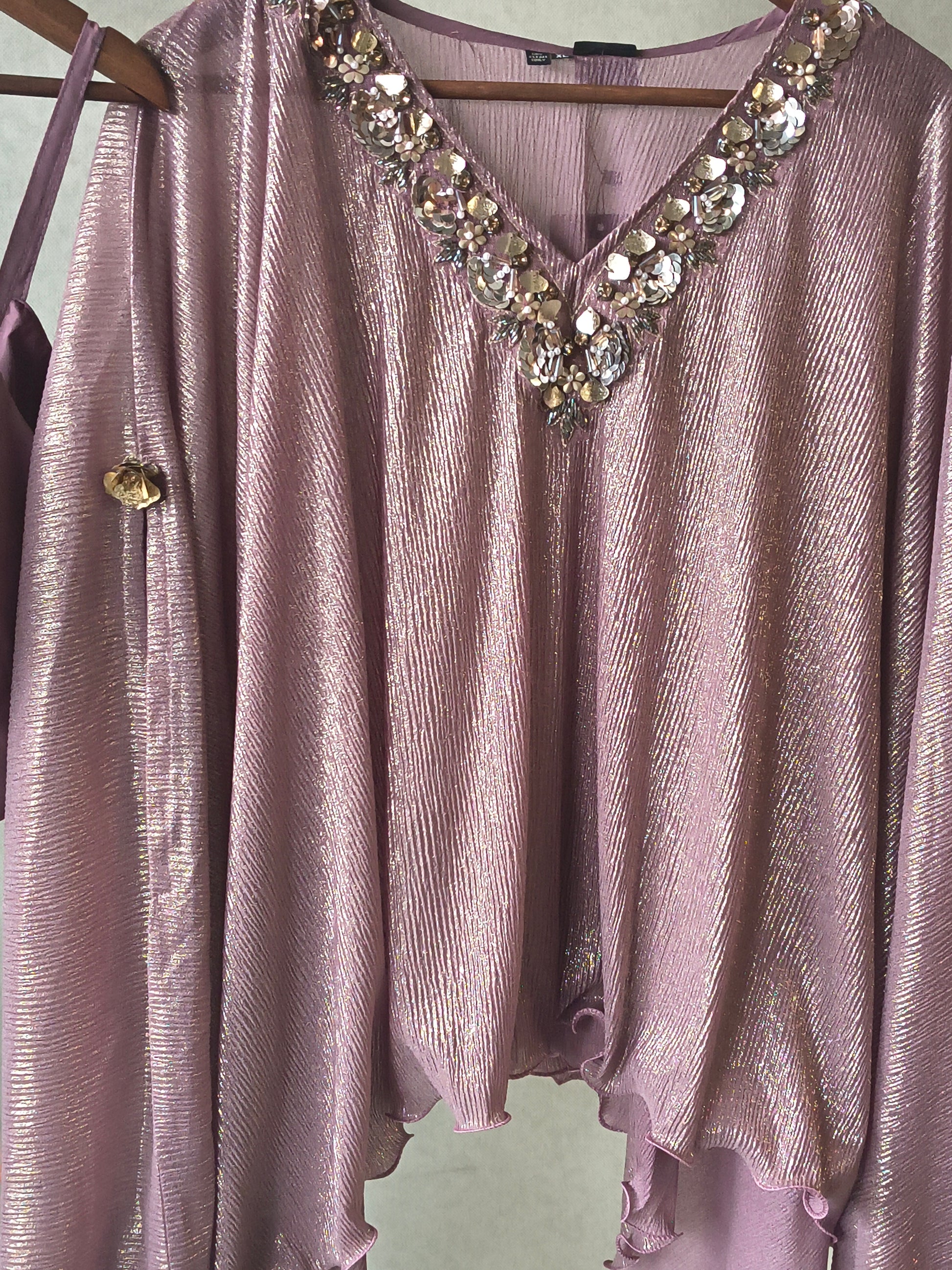 Premium Rose Gold Shimmer Kaftan Co-Ord Set with Hand Embellished Cape & Straight Pants