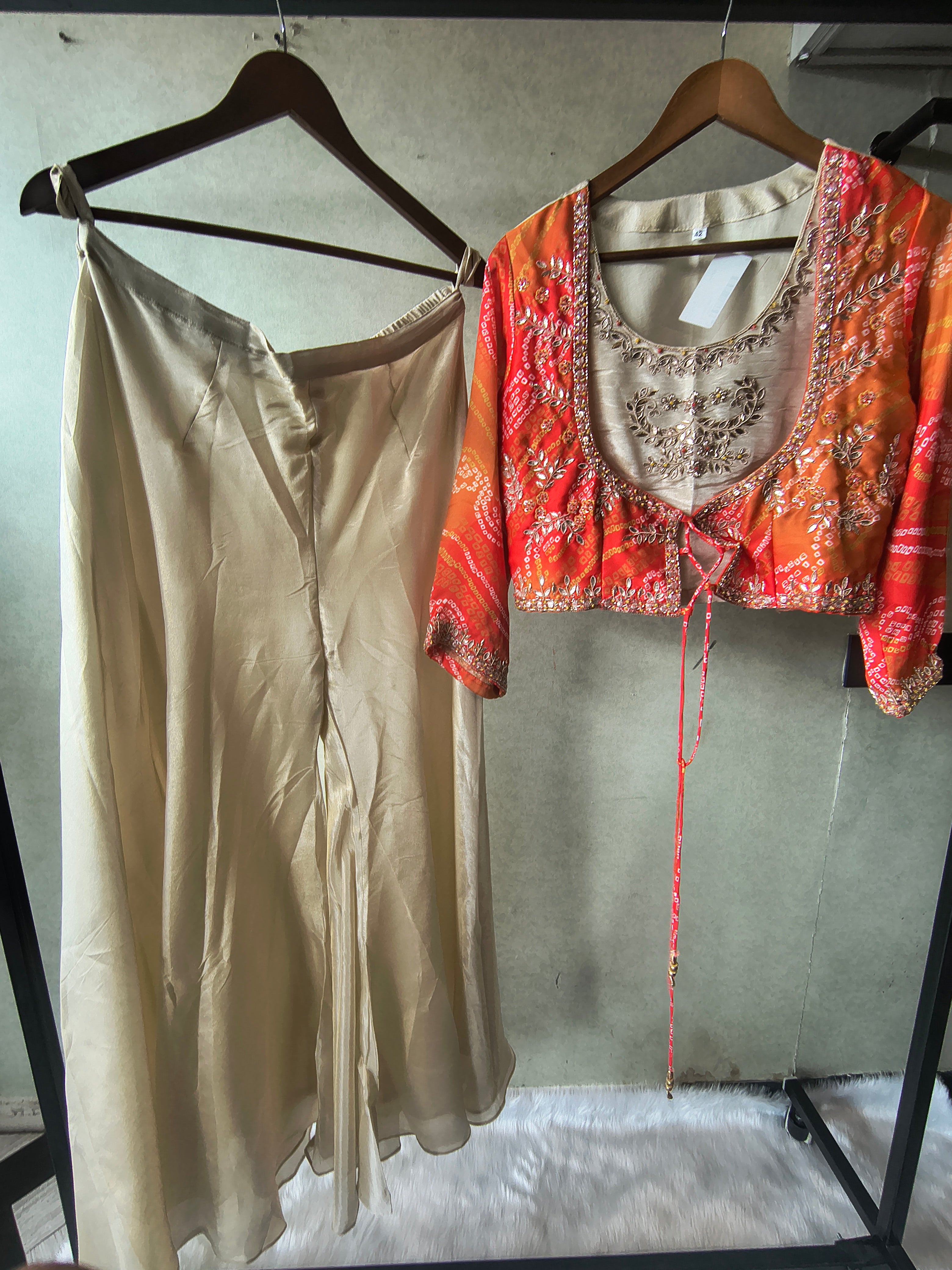Image of Premium Ivory & Bandhani Orange 3-Piece Designer Palazzo Set with Embroidered Inner & Printed Jacket