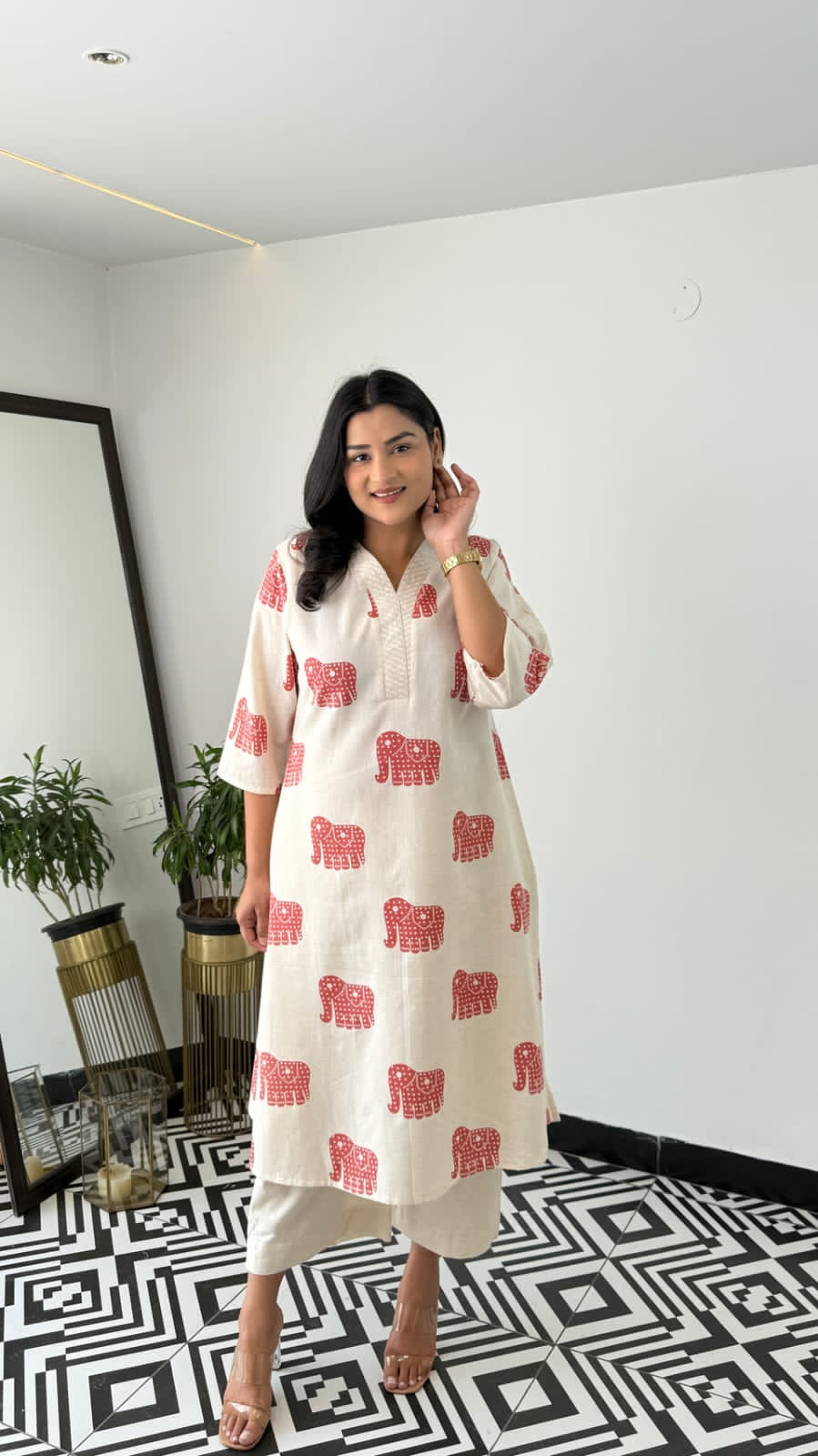 Explore Breathable & Embroidered and beautiful elephant print all over kurti Co-ord Sets your go-to for any occasion