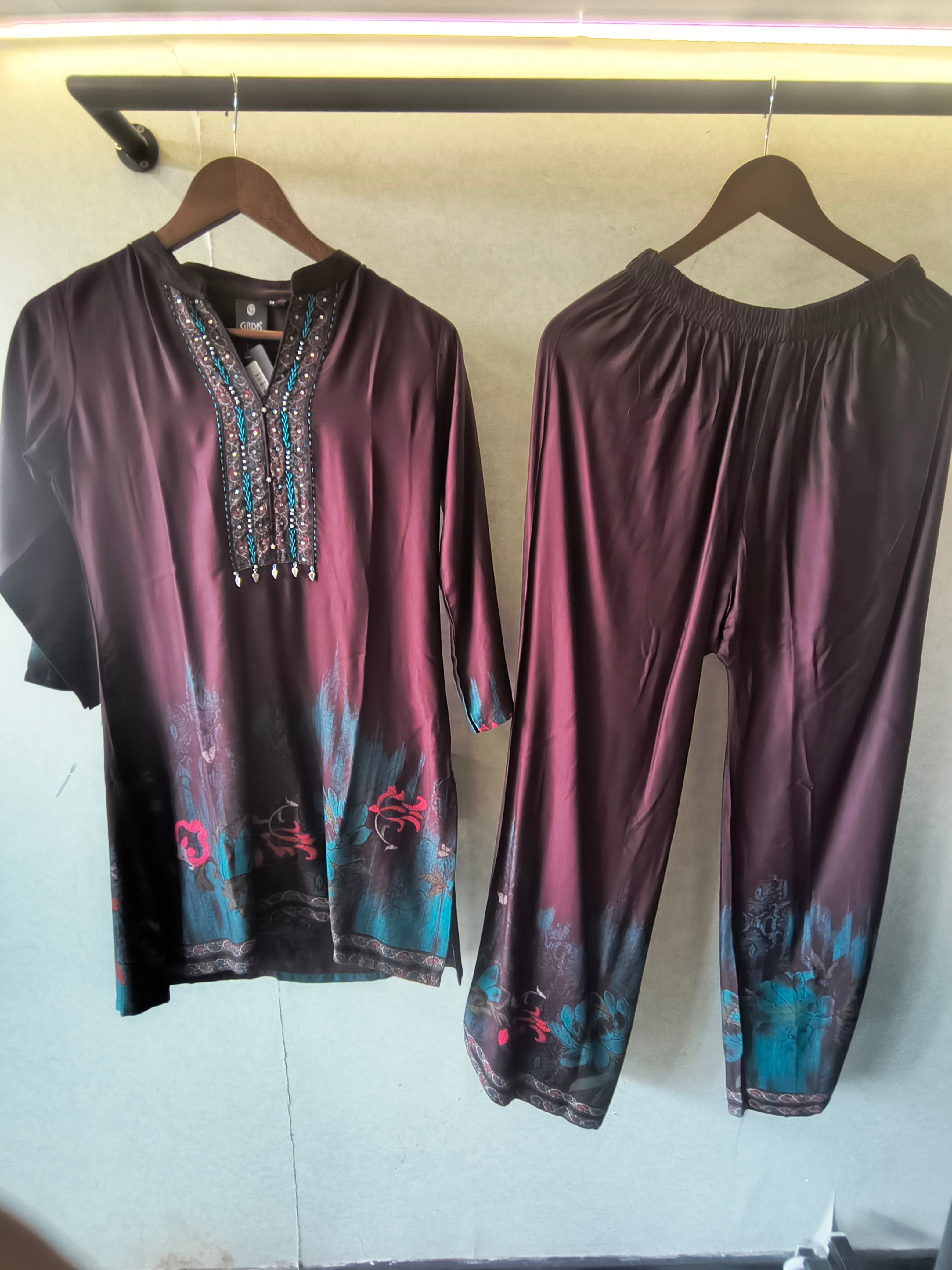 Image of Wine Embellished Premium Silk Co-Ord Set