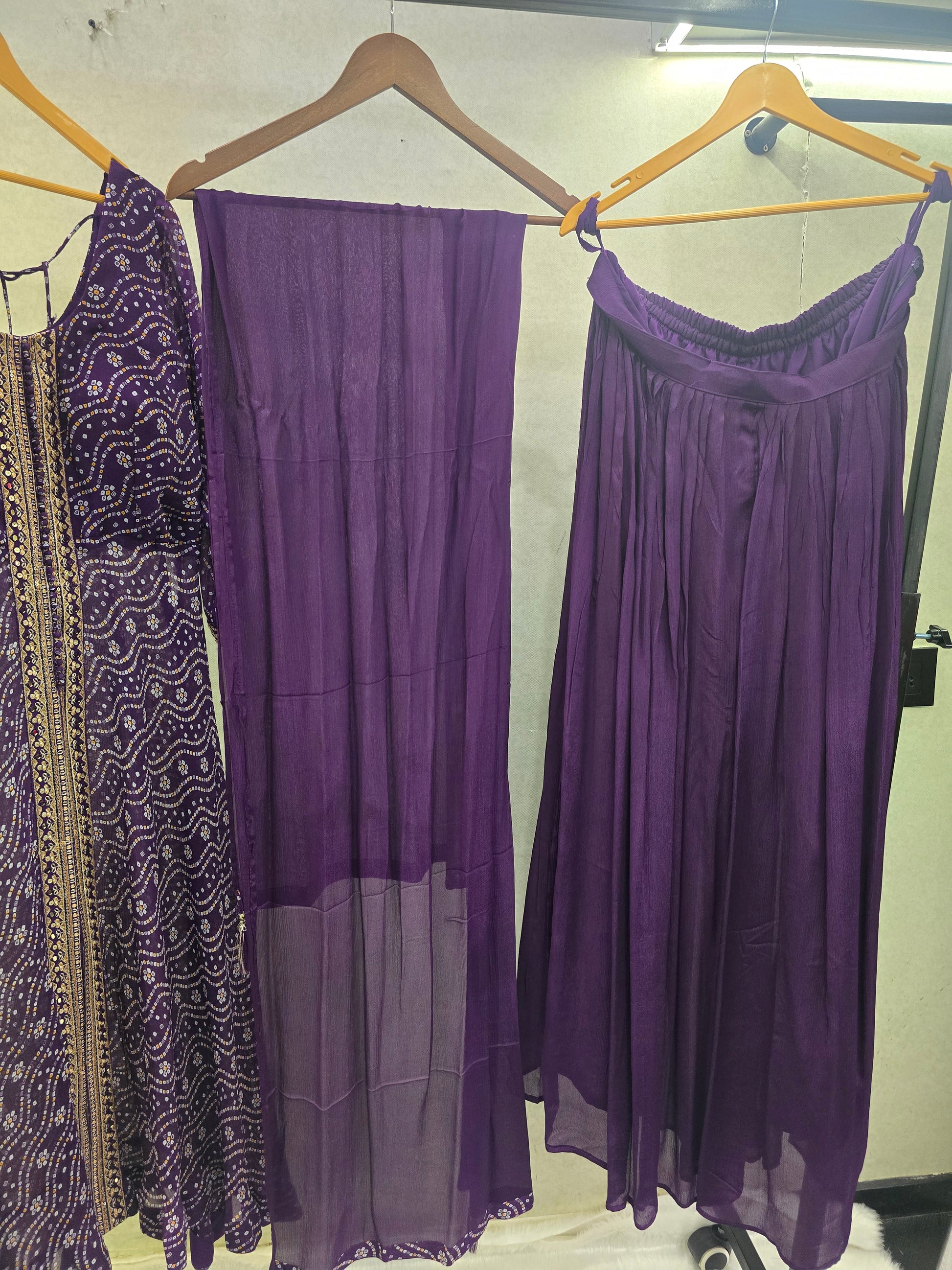 Royal Purple Bandhani Print Anarkali Kurta Set with Embellished Front Panel & Flared Palazzo | Premium 3 Piece Festive Ensemble