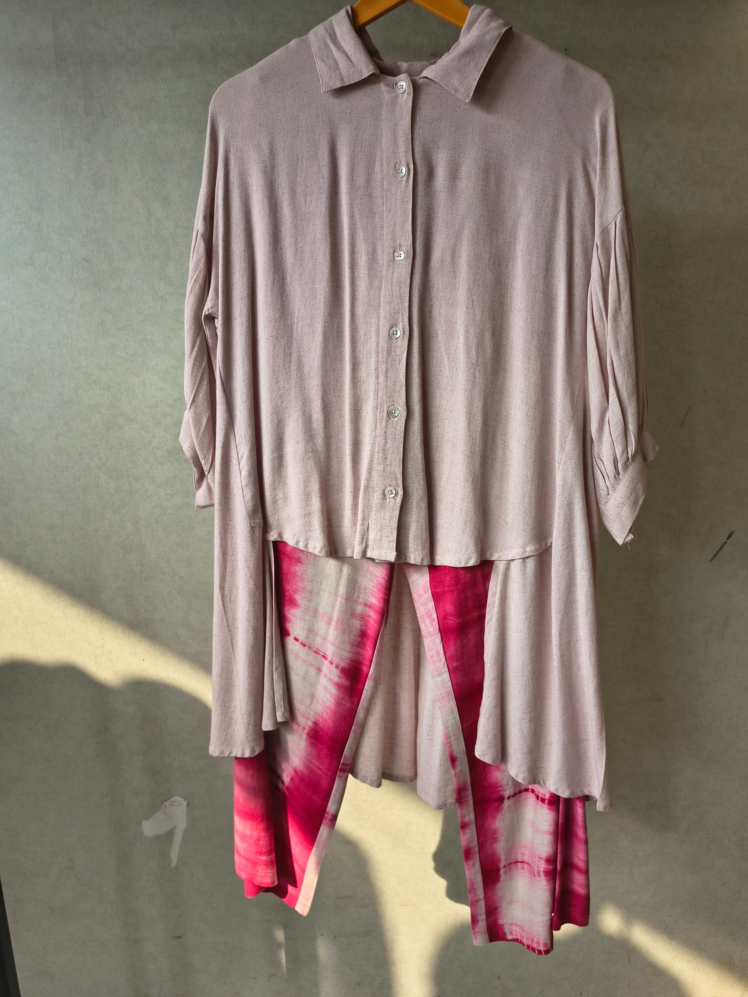 Image of Premium Layered Shirt Style Tunic Co-Ord Set with Tie-Dye Straight Pants