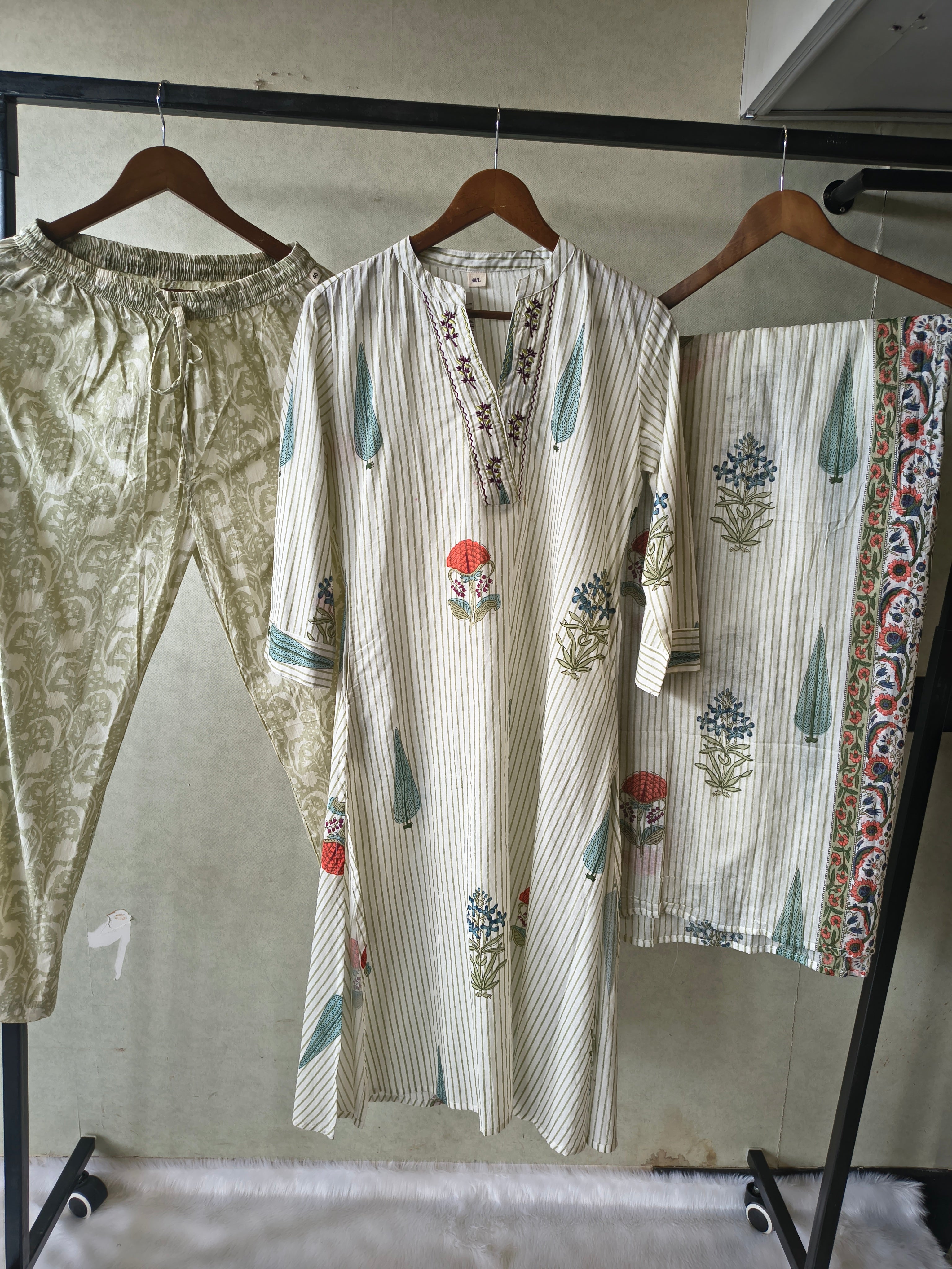 Image of Premium Ivory Handblock Printed Cotton Straight Kurta Set with Printed Pants & Dupatta