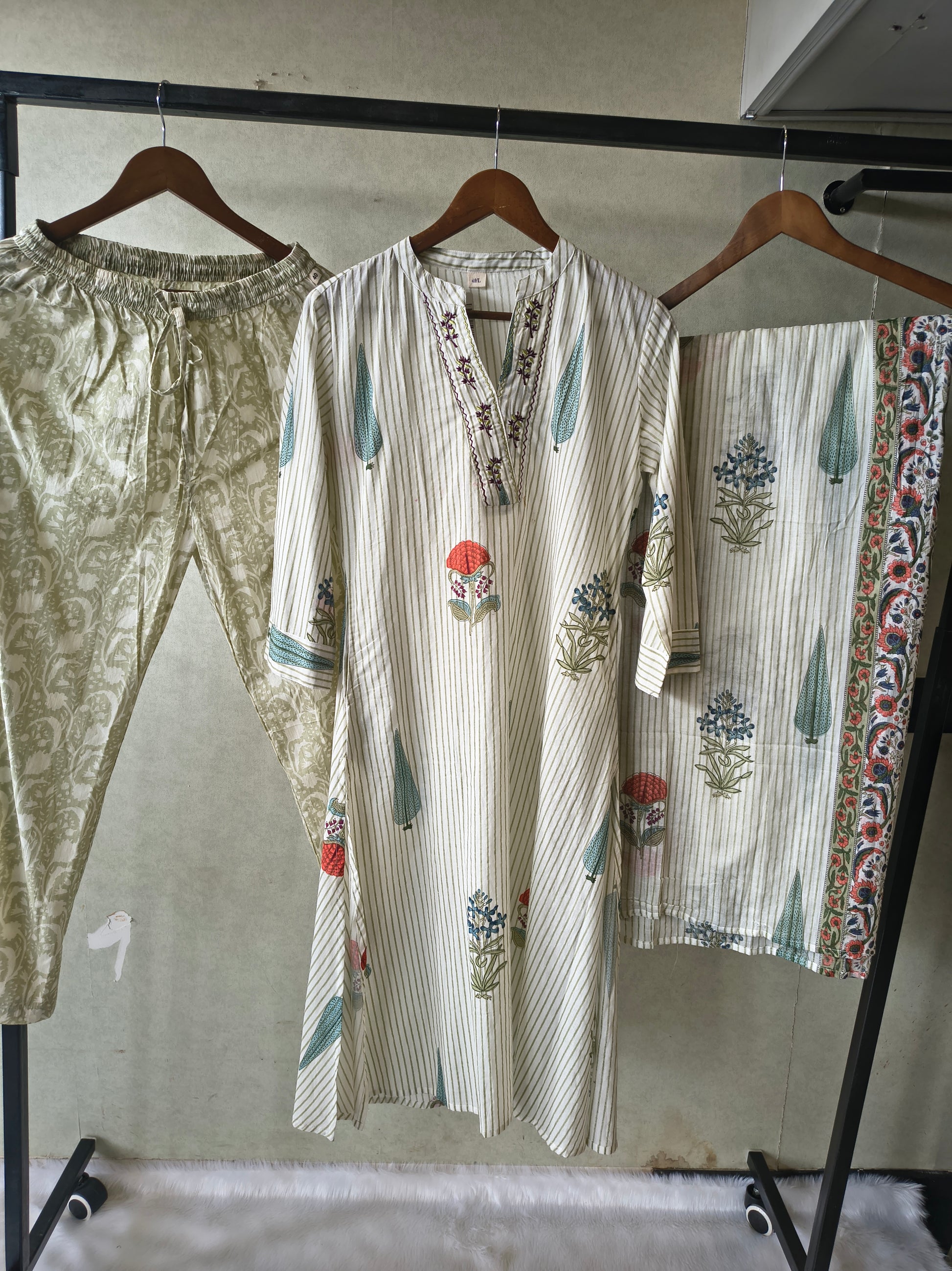Premium Ivory Handblock Printed Cotton Straight Kurta Set with Printed Pants & Dupatta