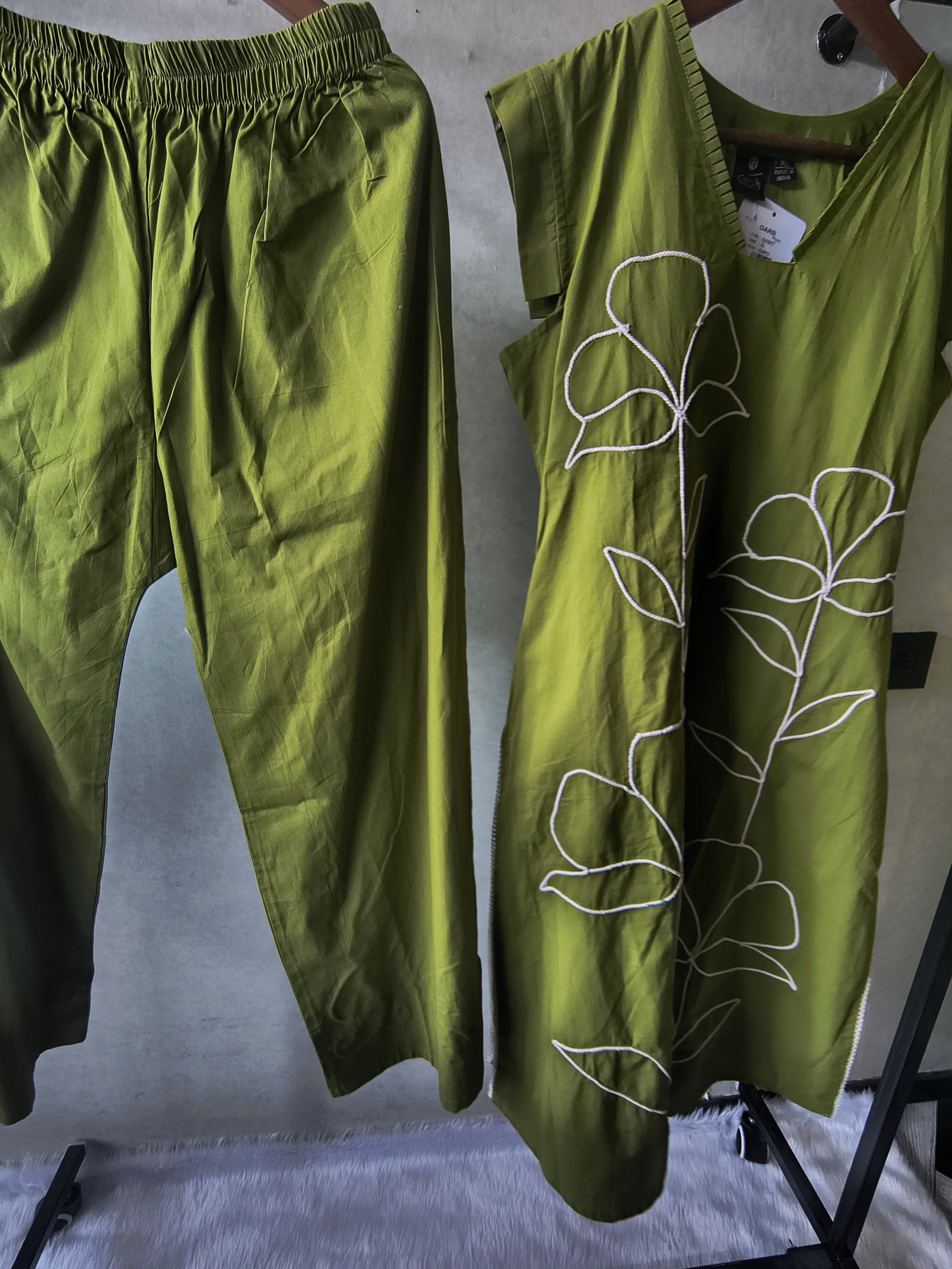 Image of Olive Green Cotton Co-Ord Set with Abstract Floral Cord Embroidery