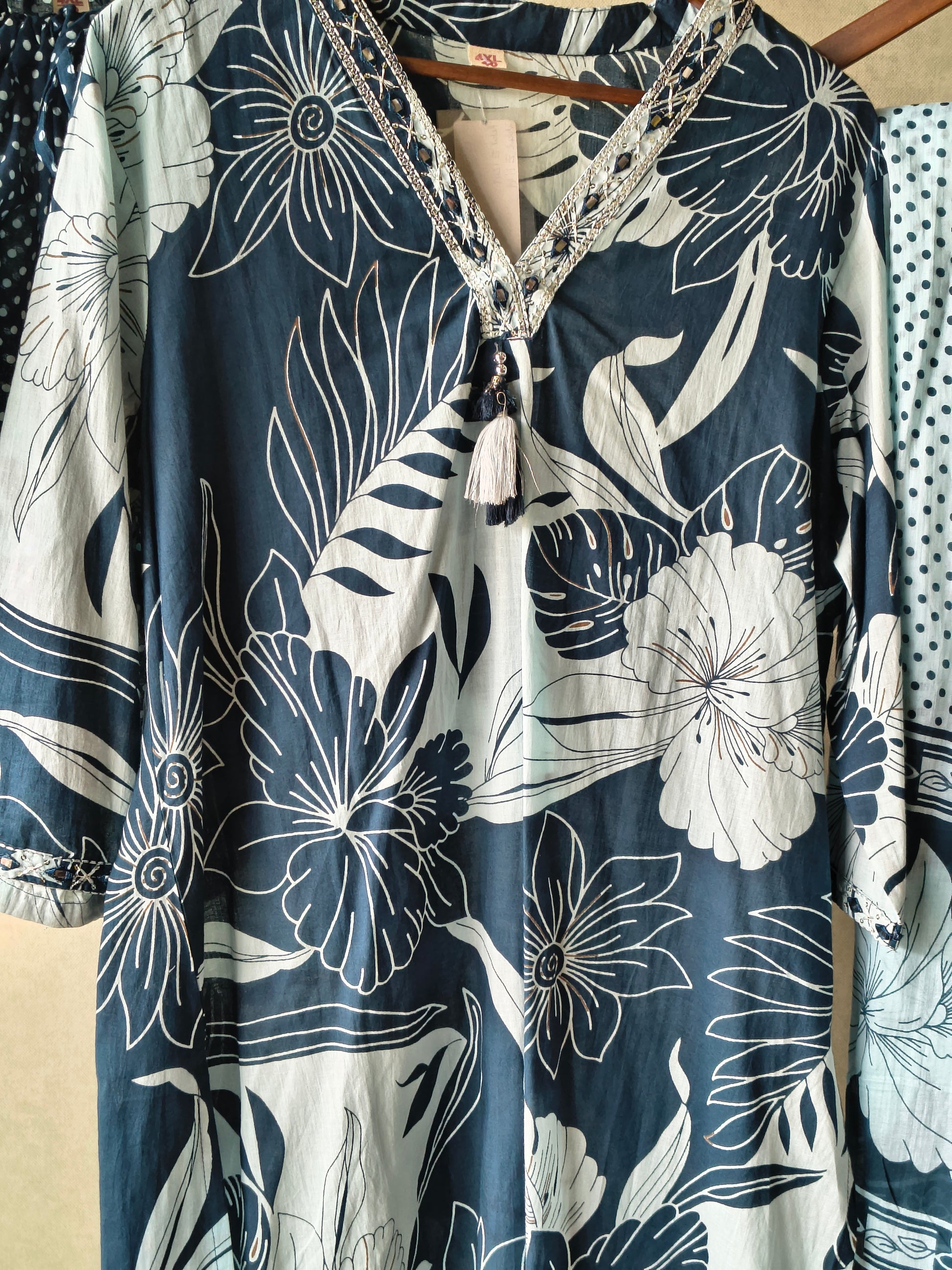 Premium Navy Blue Floral Printed Kurta Set with Polka Dot Pants & Printed Dupatta