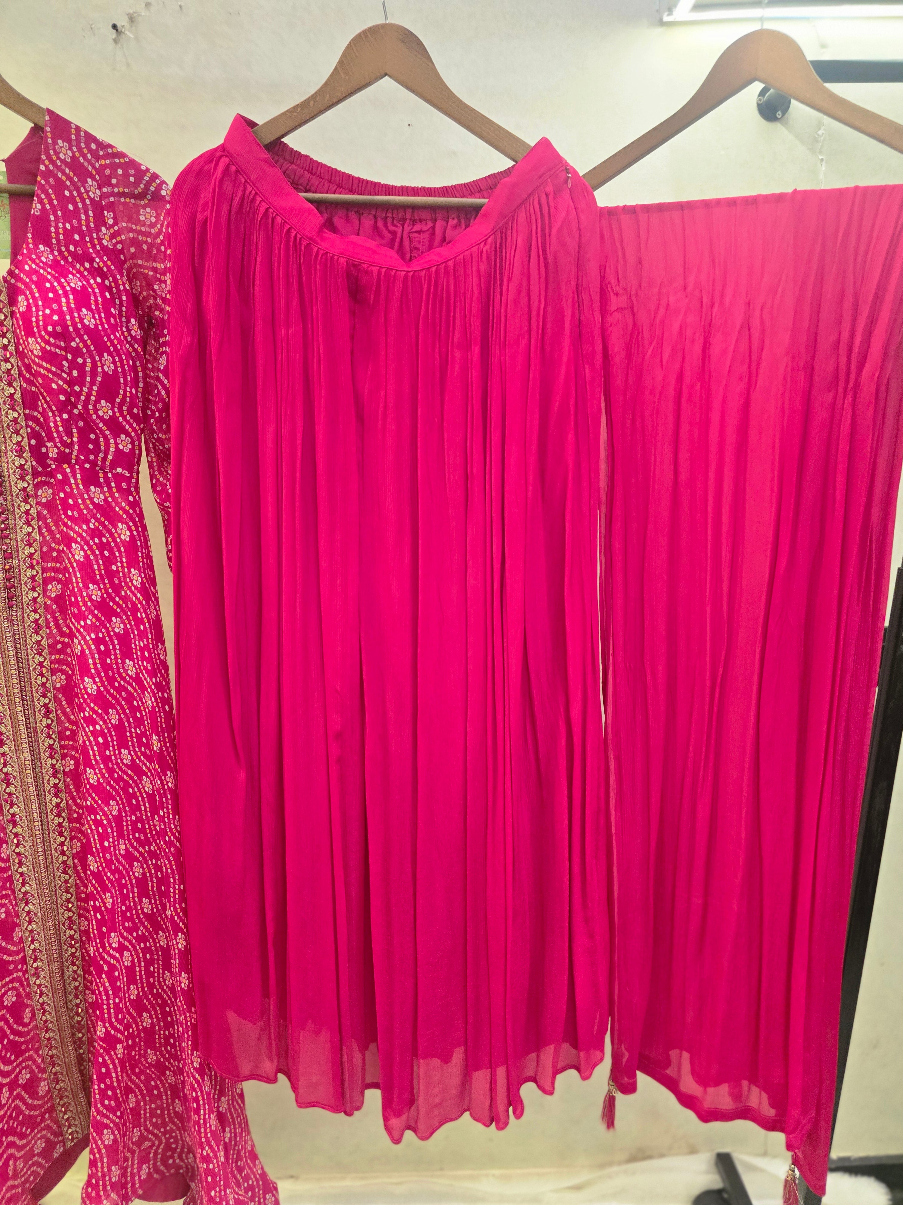 Image of Rani Pink Bandhani Print Anarkali Kurta Set with Flared Palazzo & Chiffon Dupatta | Premium 3 Piece Ethnic Suit