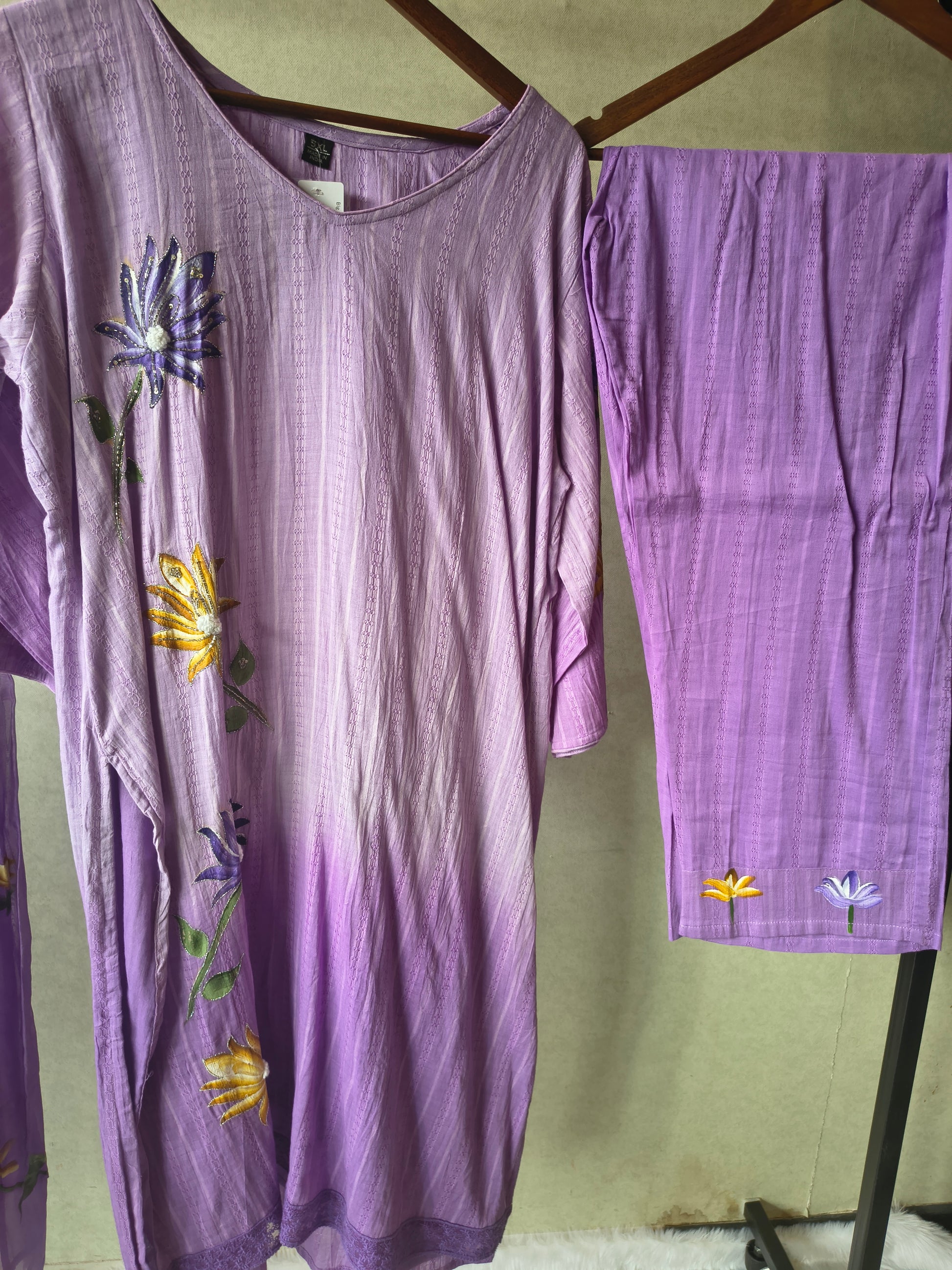 Premium Lavender Embroidered Straight Kurta Set with Floral Dupatta & Straight Pants