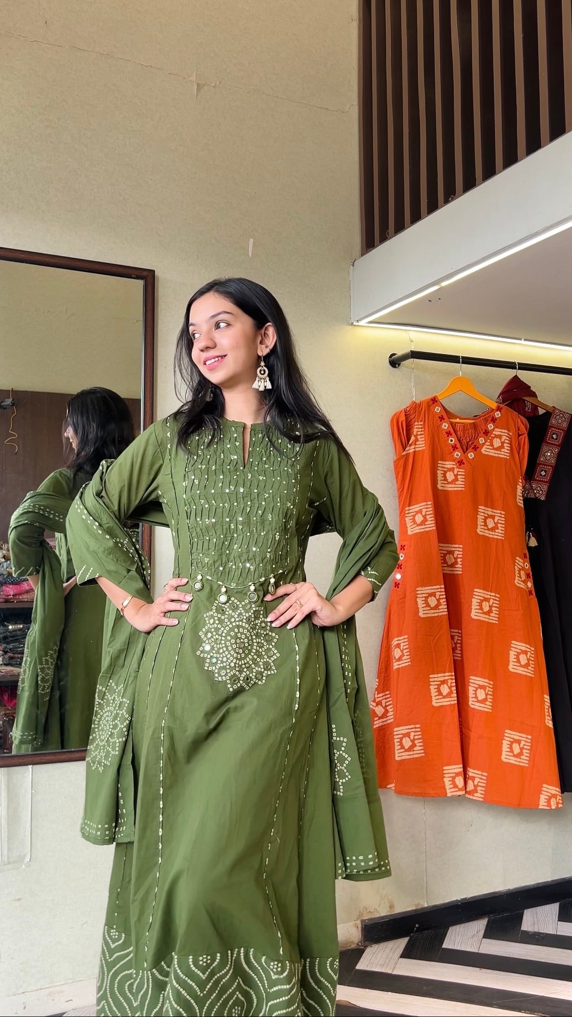 Image of Pure Mull Cotton Bandhani 3 Piece Anarkali Set