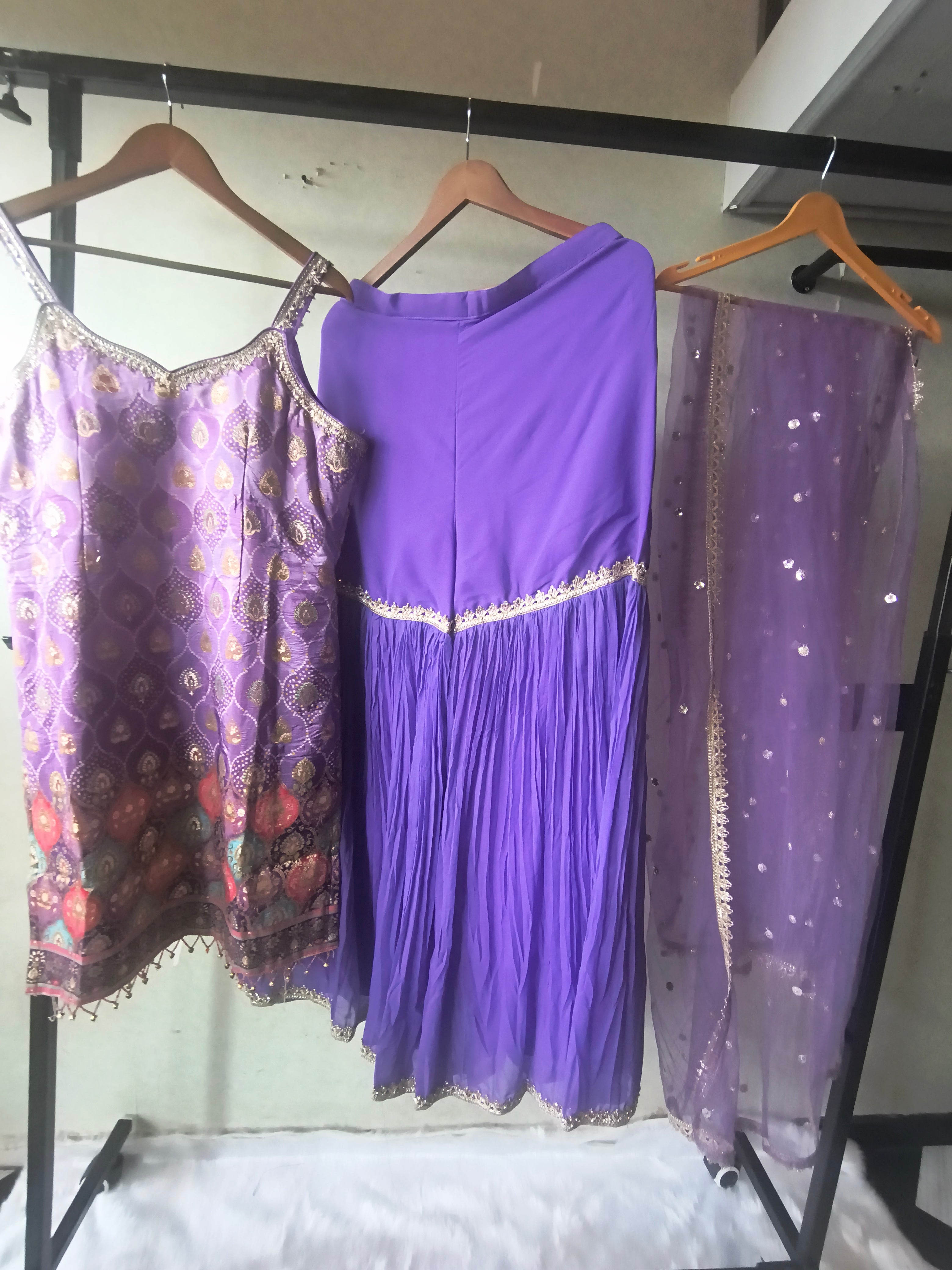 Image of Lavender Brocade Kurti Sharara Set with Sequinned Dupatta – Premium 3 Piece Festive Ensemble