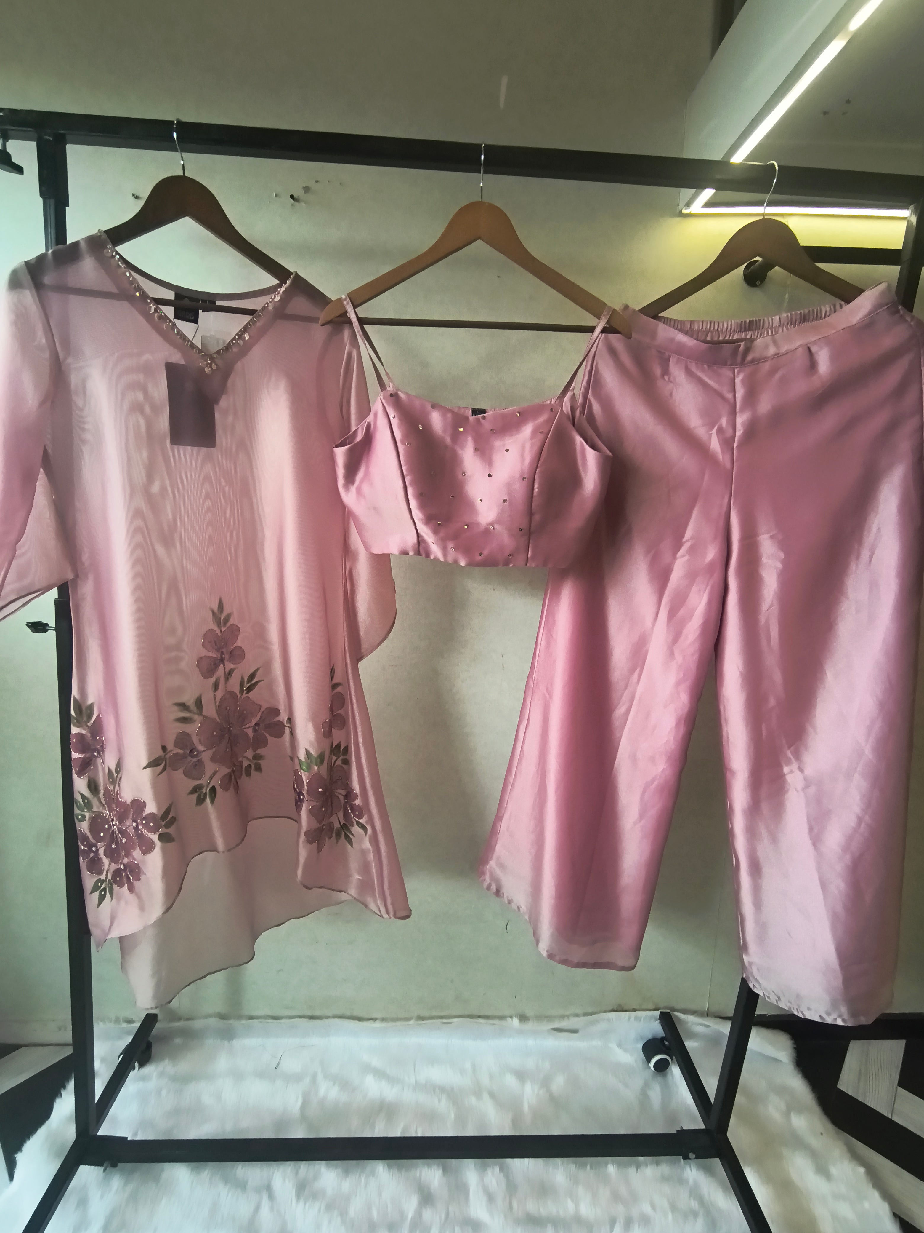 Image of Blush Pink Floral Embroidered Kaftan Co-ord Set with Hand-Painted Cape, Embellished Blouse & Palazzo