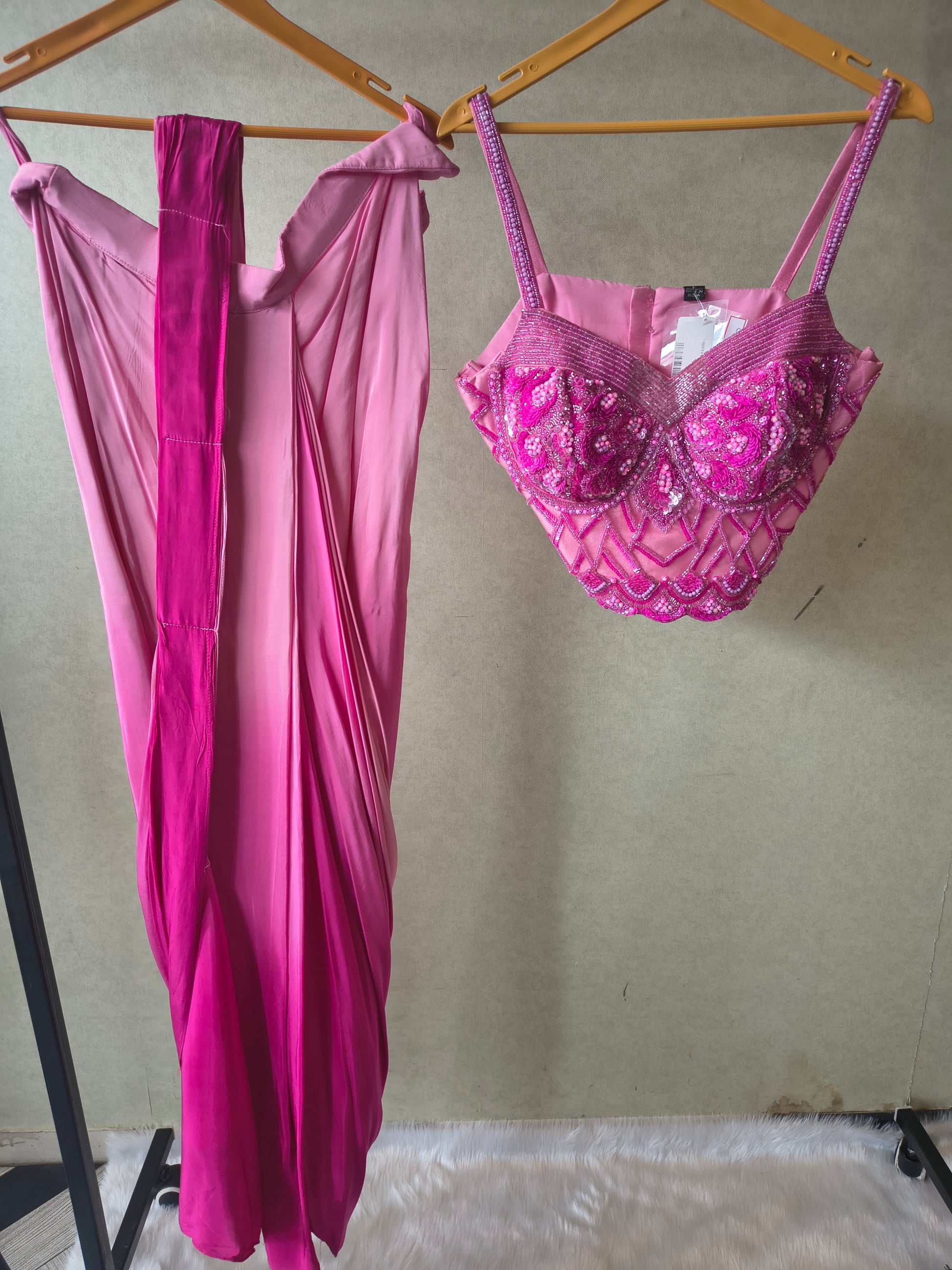 Premium Ombre Pink Satin Saree with Hand Embroidered Designer Blouse