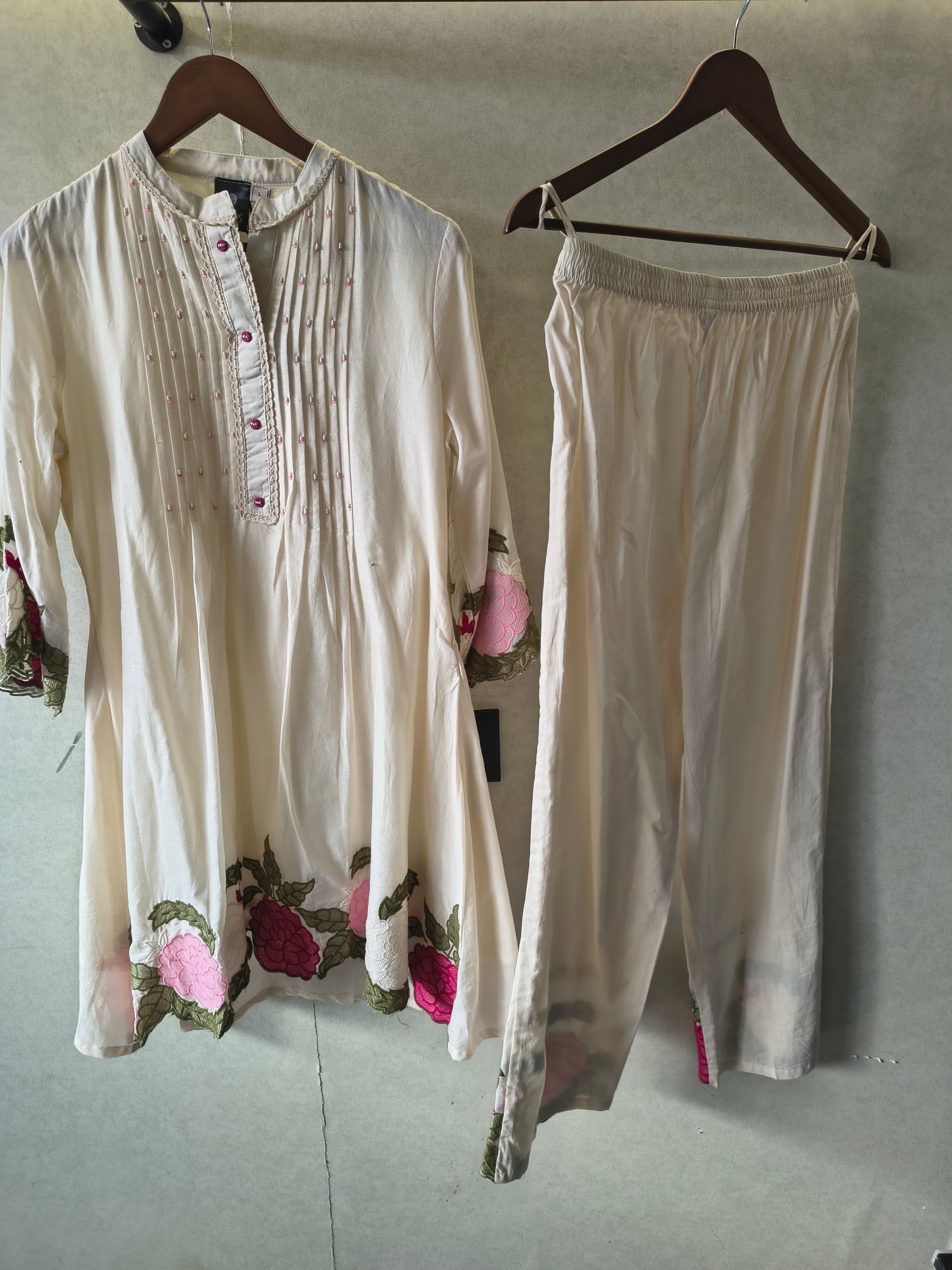 Image of Ivory Floral Embroidered Pintuck Designer Kurta Pant Co-Ord Set
