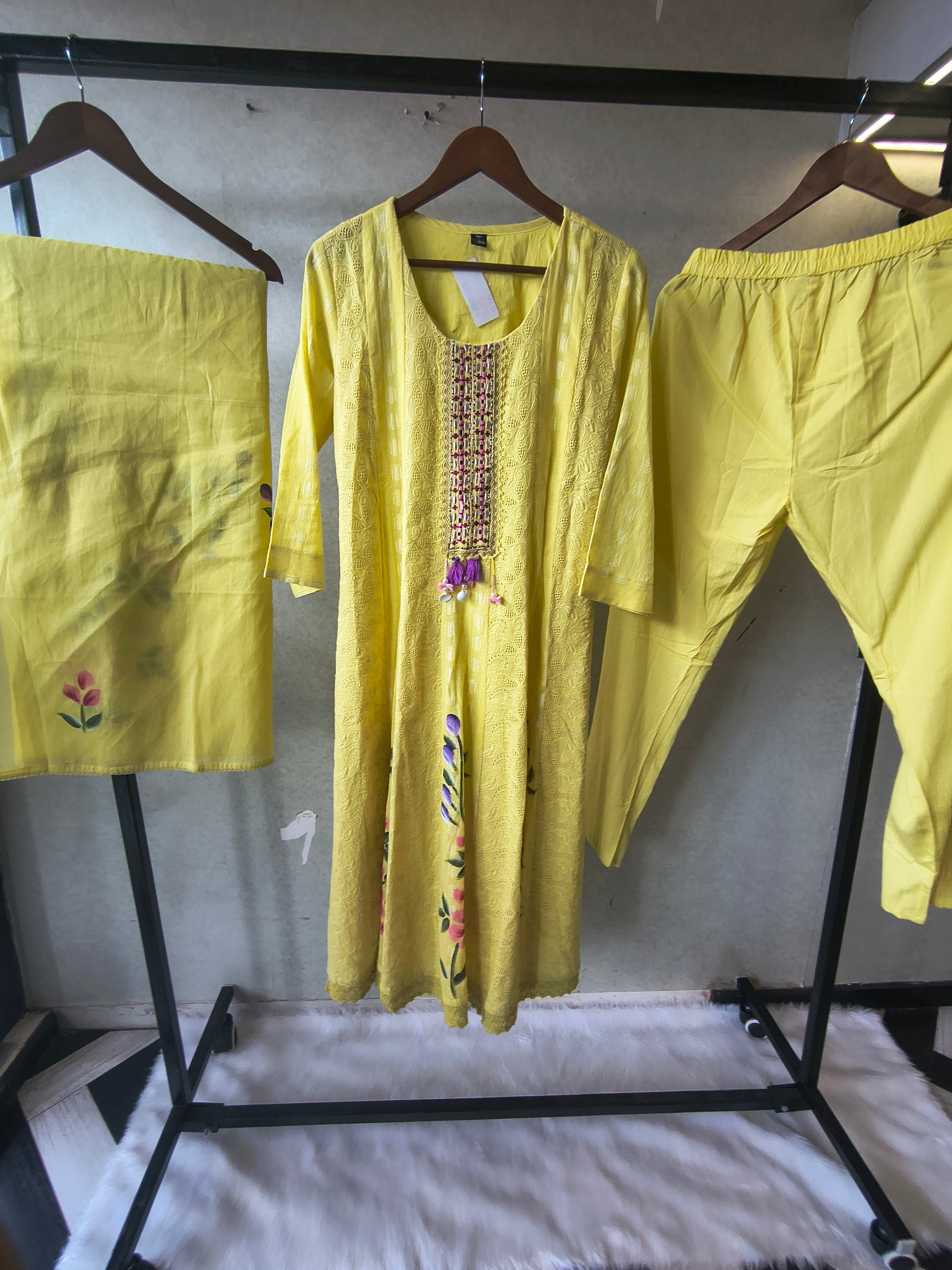 Premium Sunshine Yellow Schiffli Embroidered Kurta Set with Floral Handwork & Dupatta