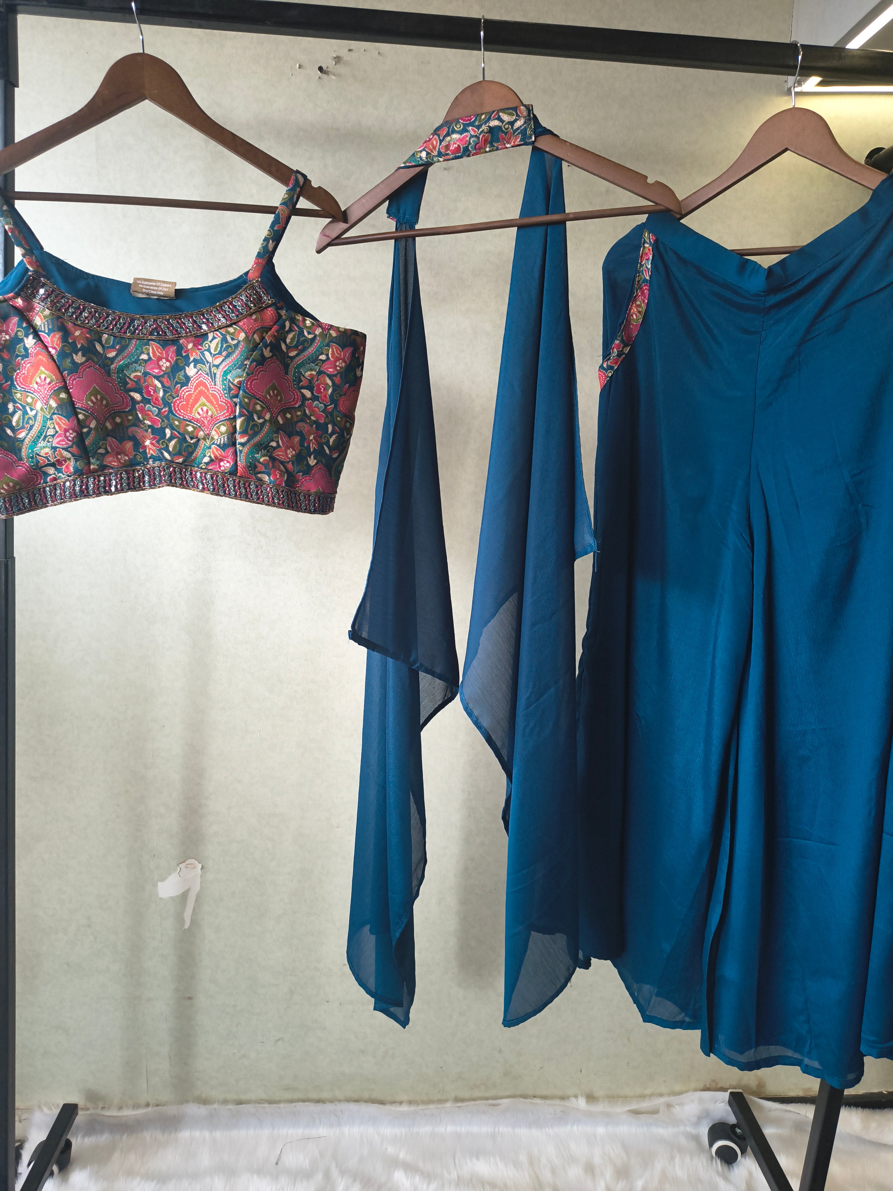 Image of Teal Printed Designer Blouse with Drape Palazzo & Cape – 3 Piece Indo-Western Fusion Party Wear Set