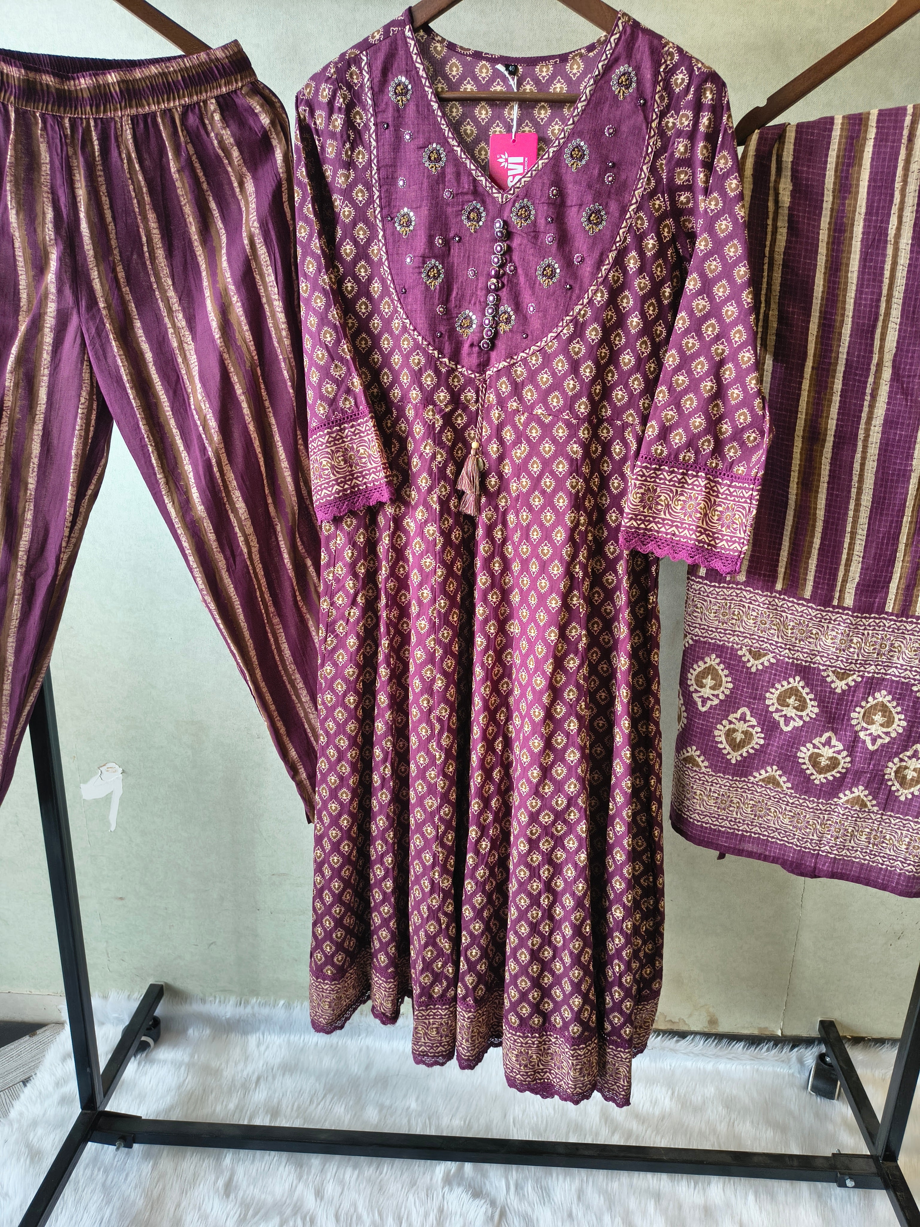 Image of Plum Printed Cotton Anarkali Suit Set with Striped Pants & Dupatta