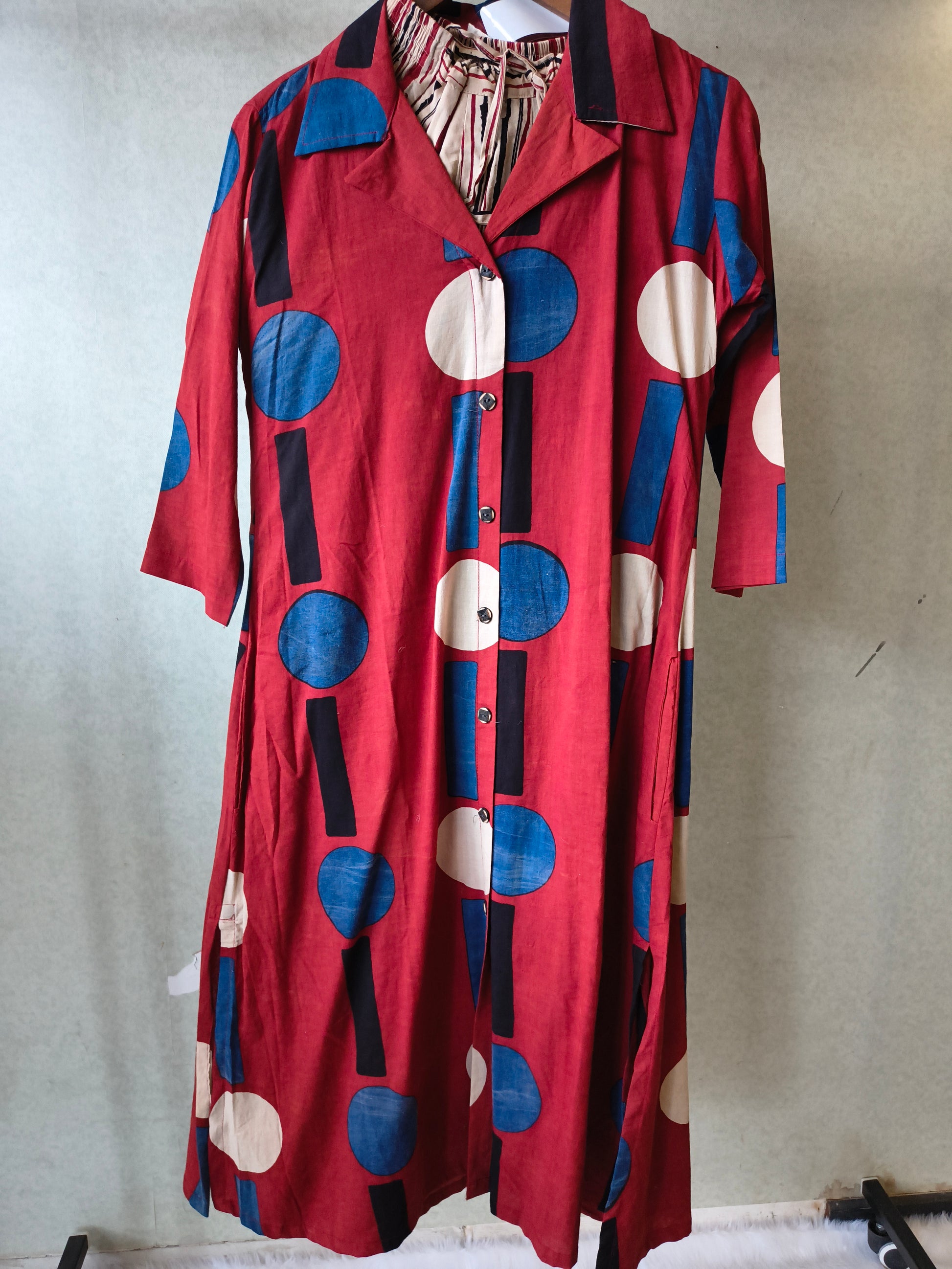 Premium Rust Red Abstract Printed Shirt Kurta with Striped Relaxed Pants Co-Ord Set