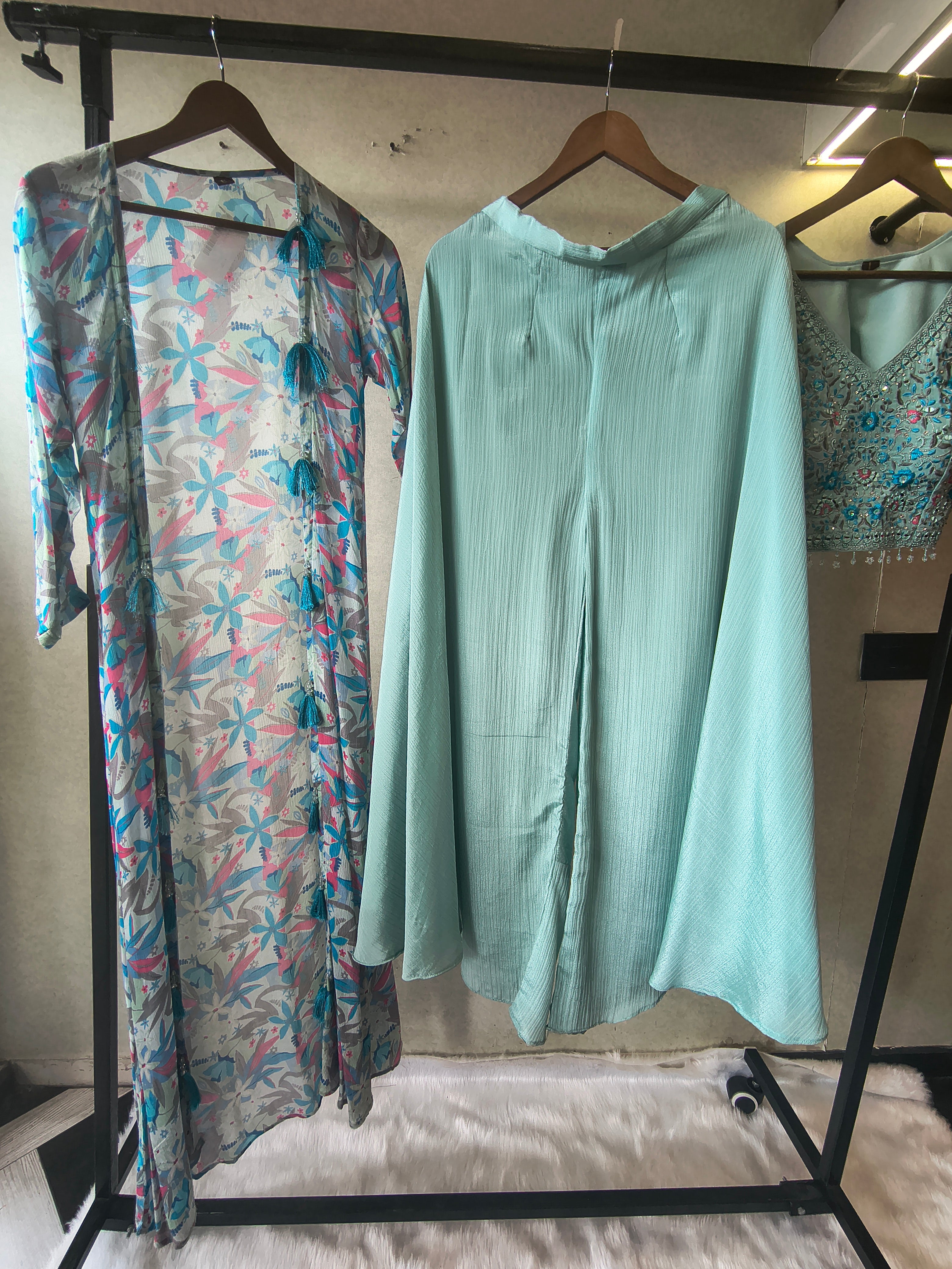 Image of Powder Blue Mirror Embroidered Blouse with Drape Palazzo & Printed Tassel Dupatta – Designer 3 Piece Indo-Western Set