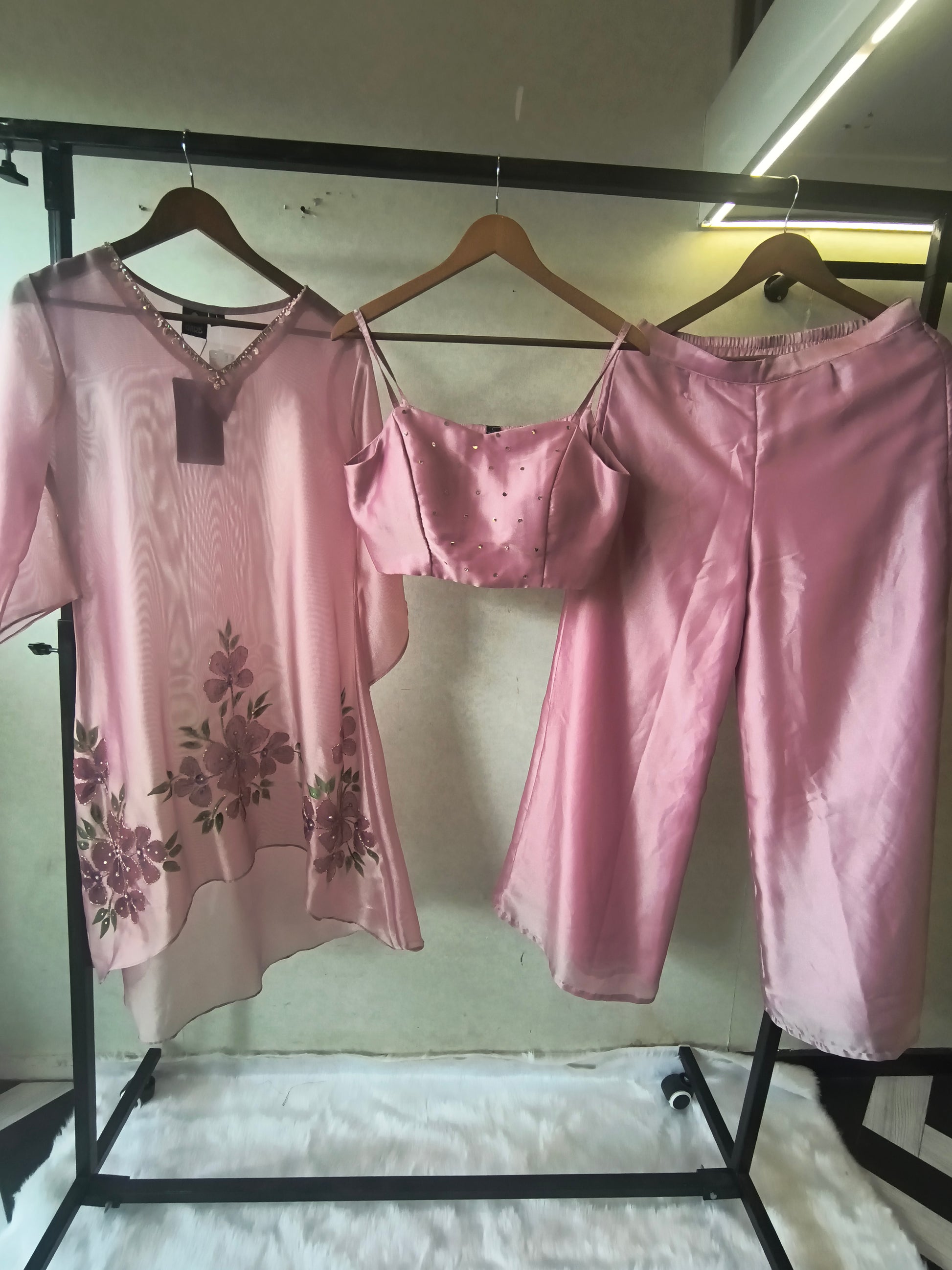 Blush Pink Floral Embroidered Kaftan Co-ord Set with Hand-Painted Cape, Embellished Blouse & Palazzo