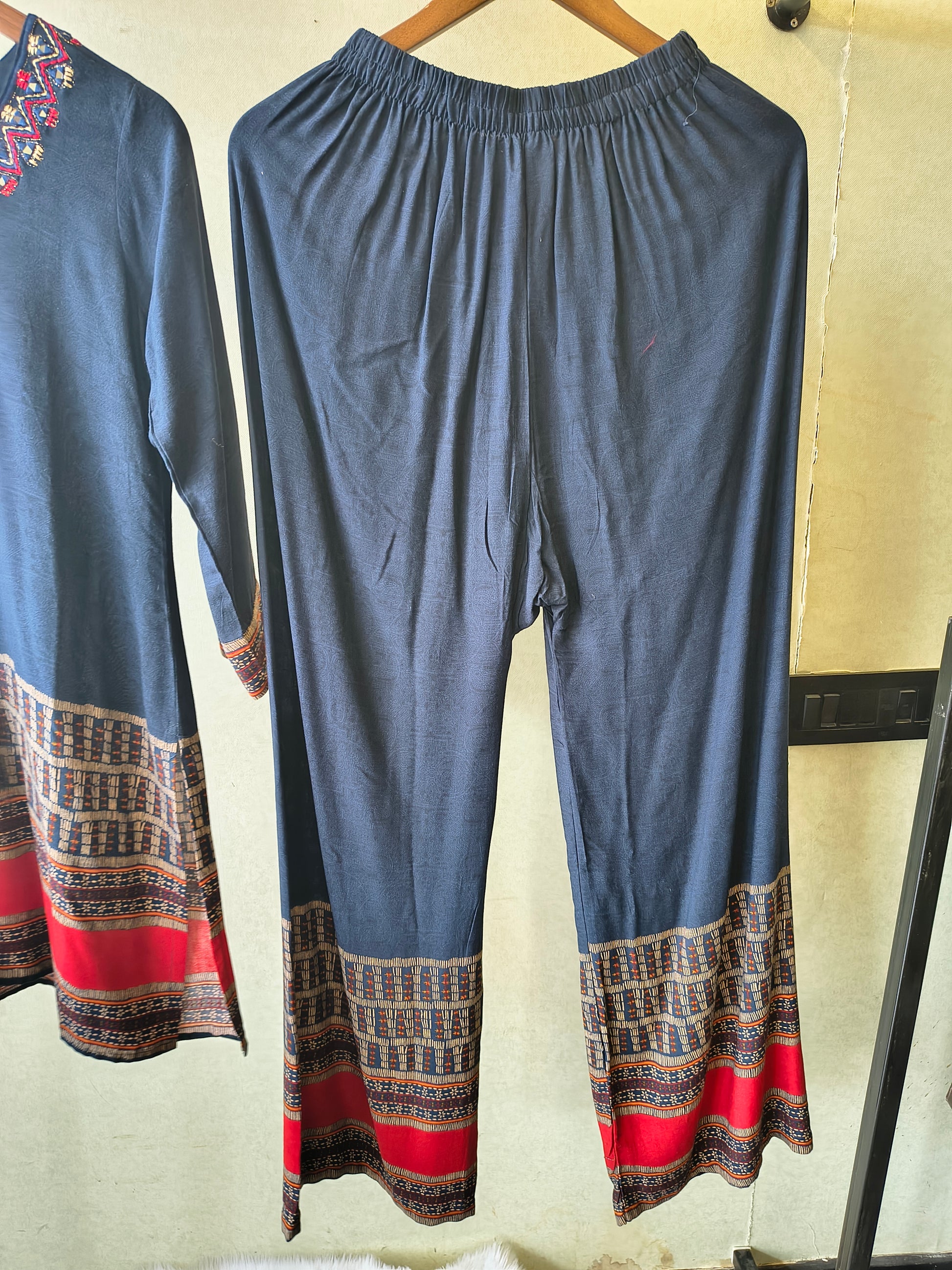 Navy Blue Ethnic Border Designer Co-Ord Set with Embroidered Neckline