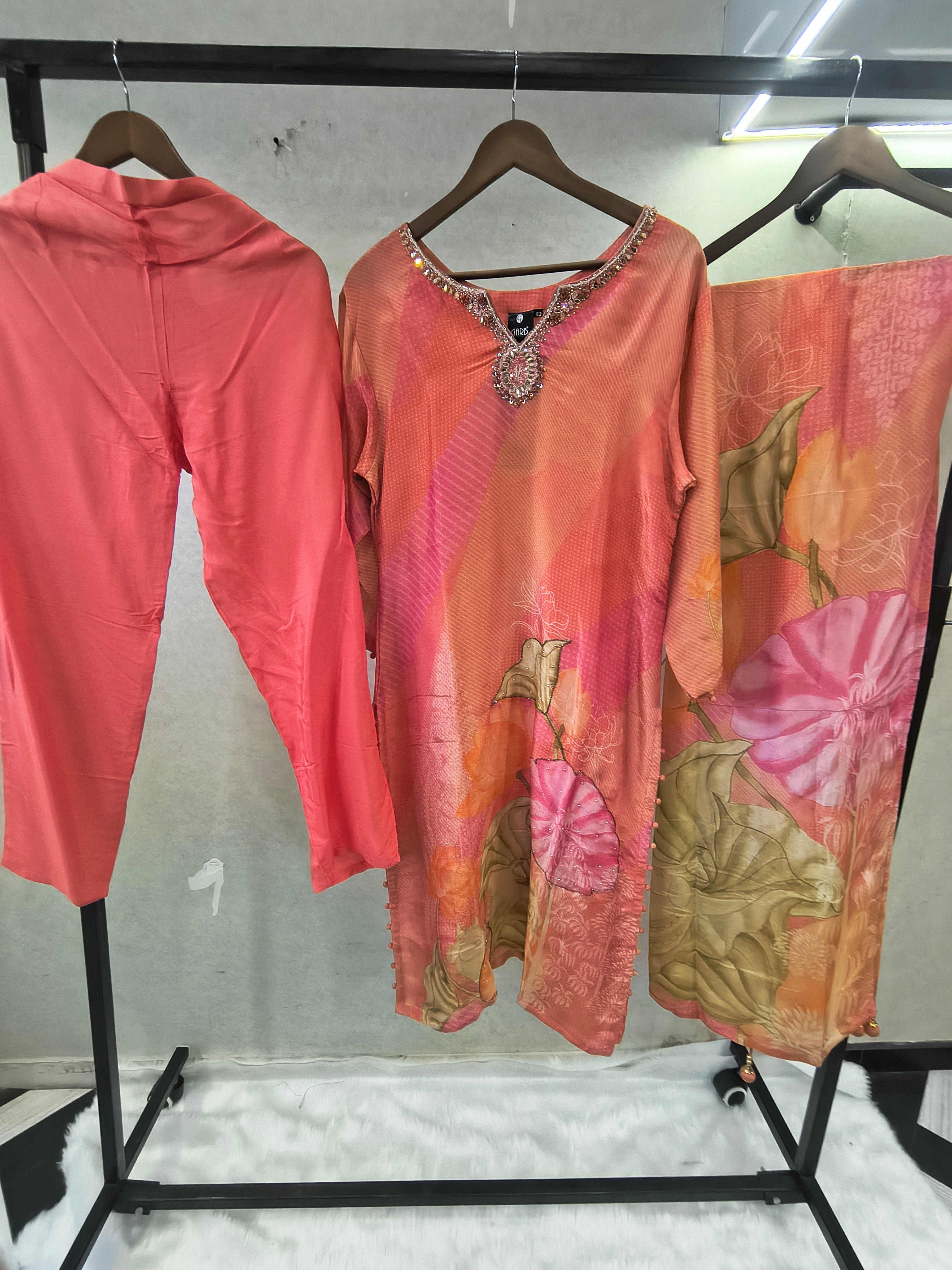 Image of Coral Pink Floral Printed Designer Kurta Set with Embellished Neckline & Printed Dupatta | Premium 3 Piece Festive Ensemble
