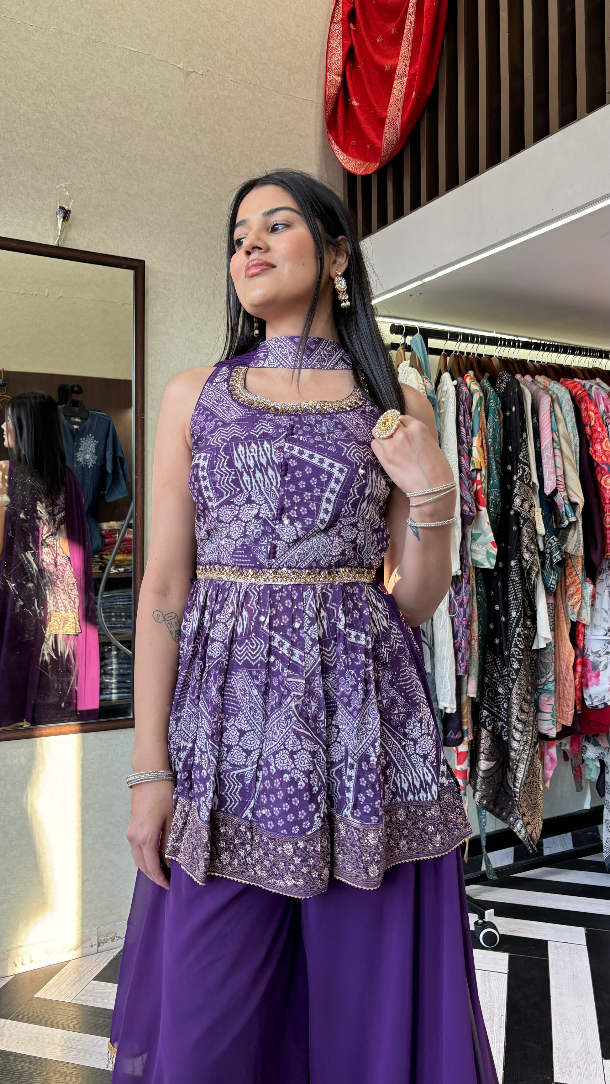 Pure Chinnon Indo Western Piece with Hand work