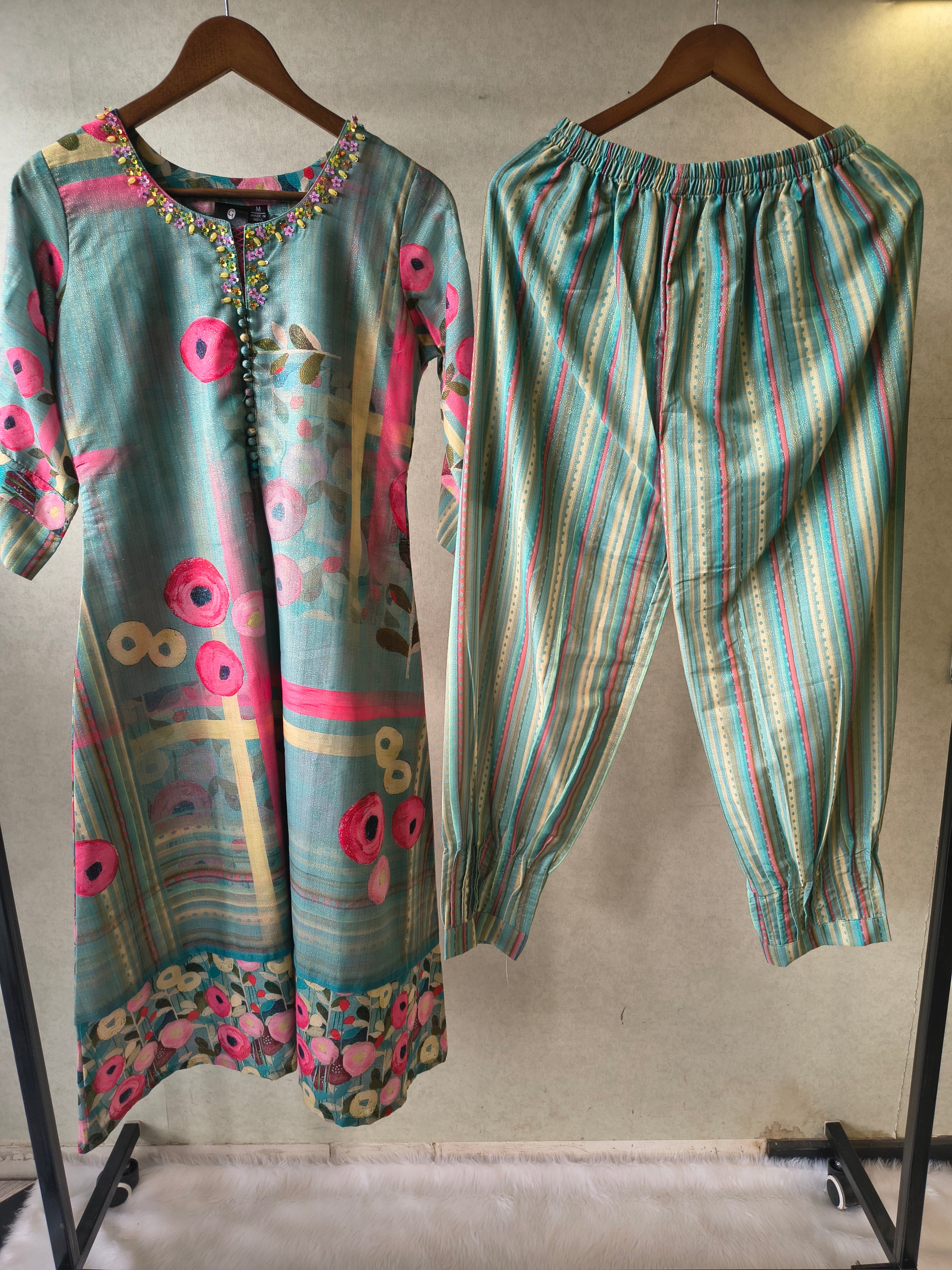 Image of Premium Aqua Blue Artistic Printed Kurta with Striped Pants Co-Ord Set
