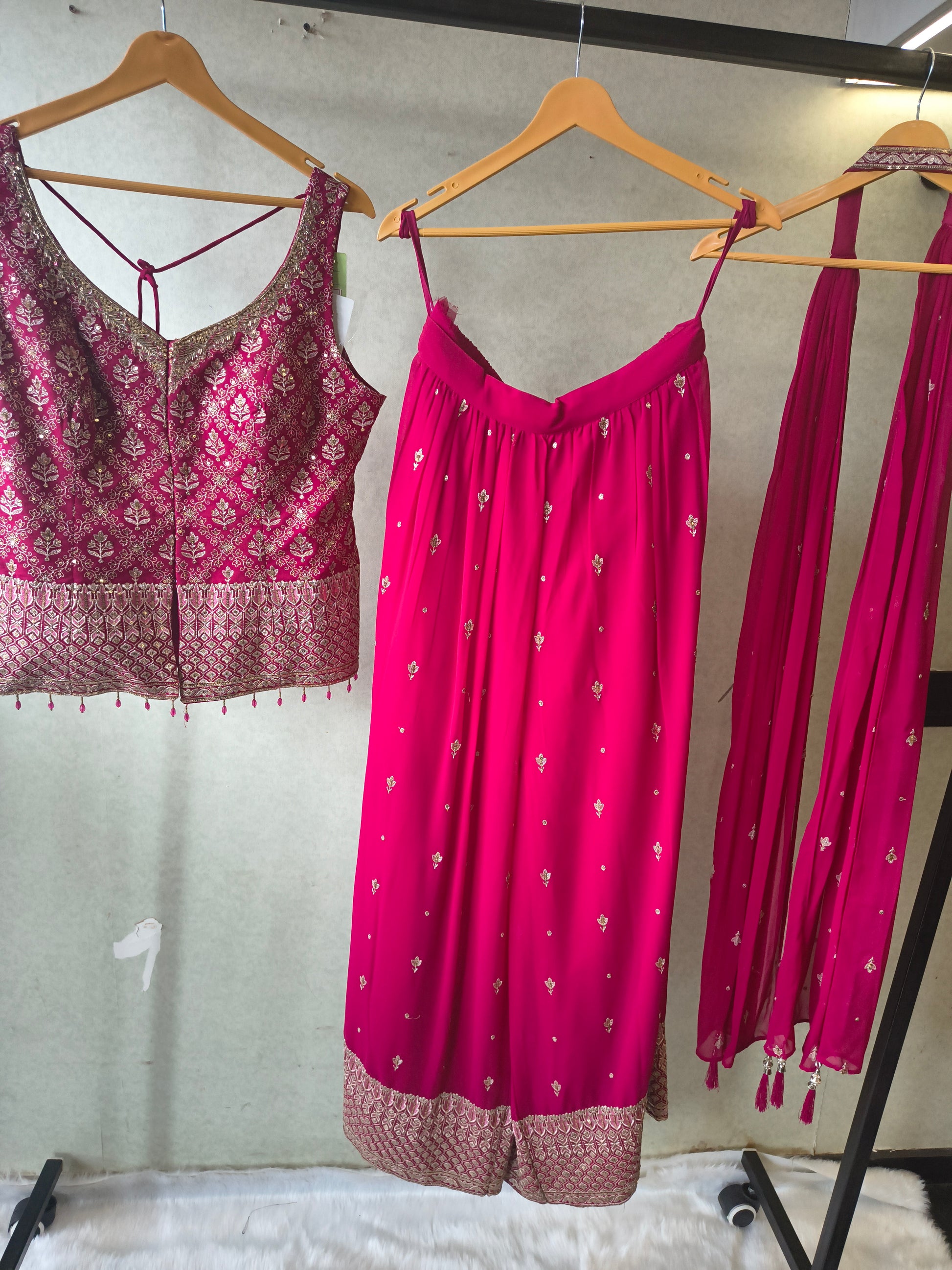 Rani Pink Zari Woven Blouse with Flared Palazzo & Embellished Dupatta – Designer 3 Piece Festive Set
