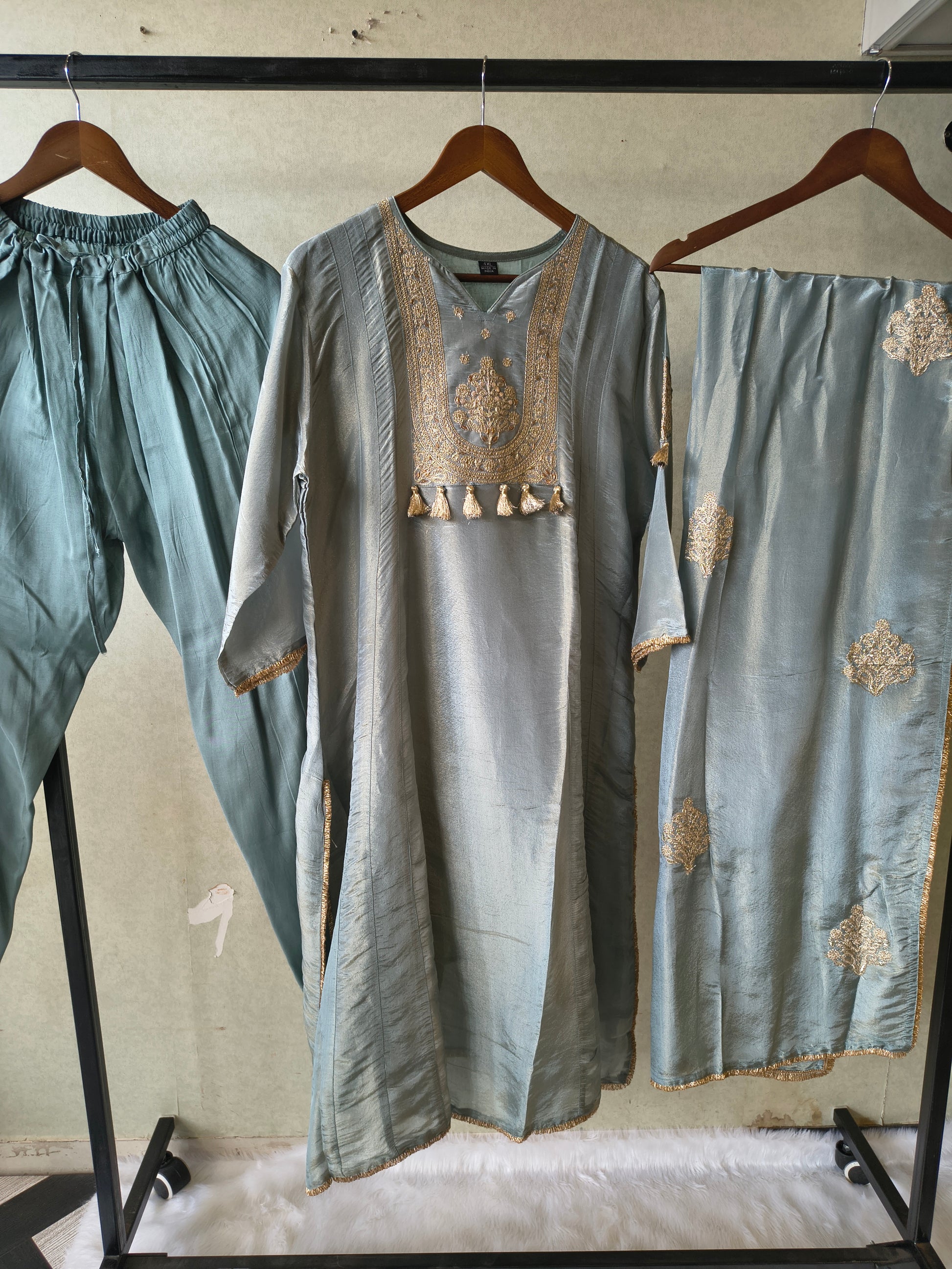 Premium Sage Blue Embroidered A-Line Kurta Set with Dupatta