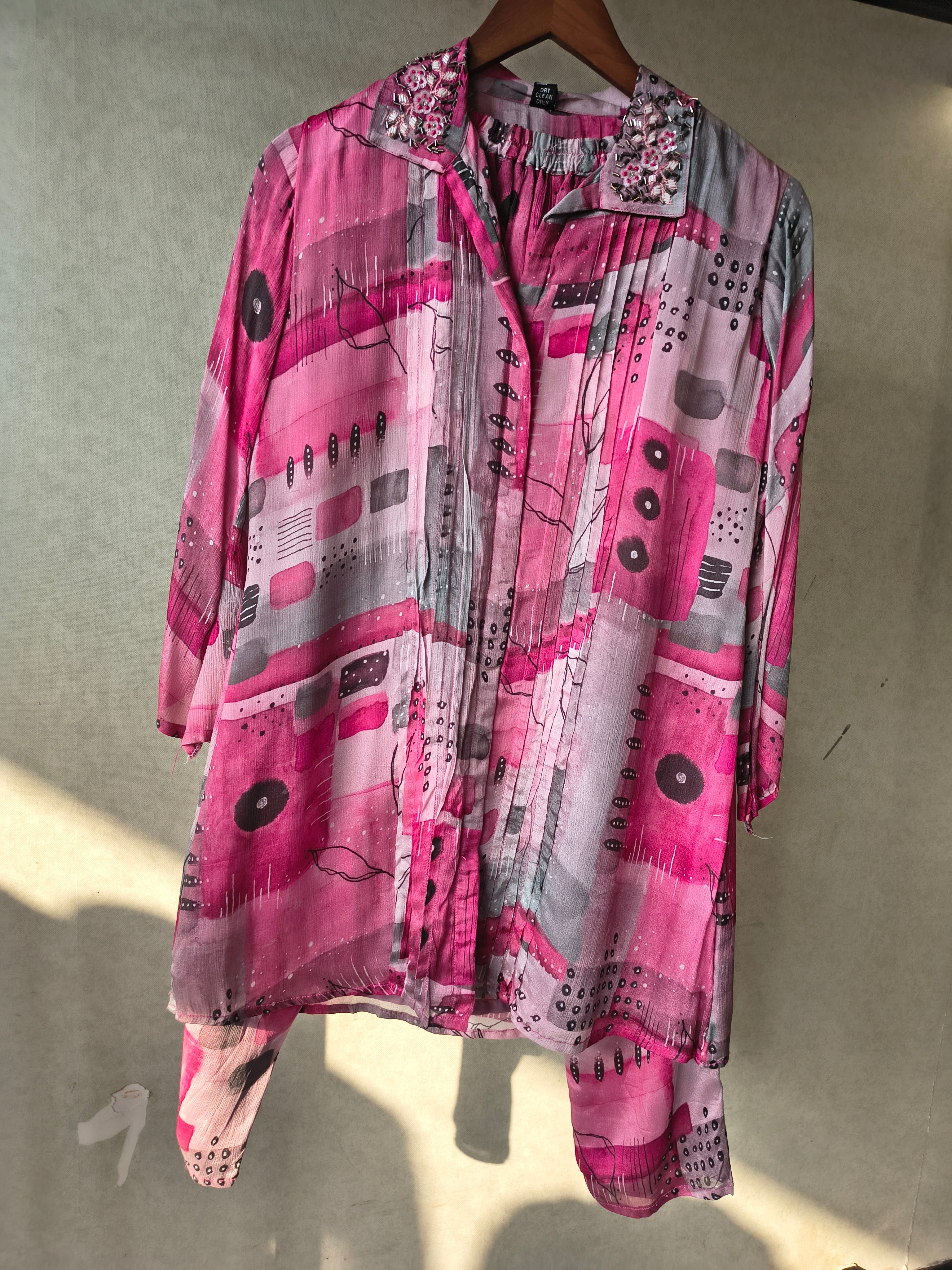 Image of Premium Embellished Abstract Printed Oversized Shirt Co-Ord Set with Tapered Pants