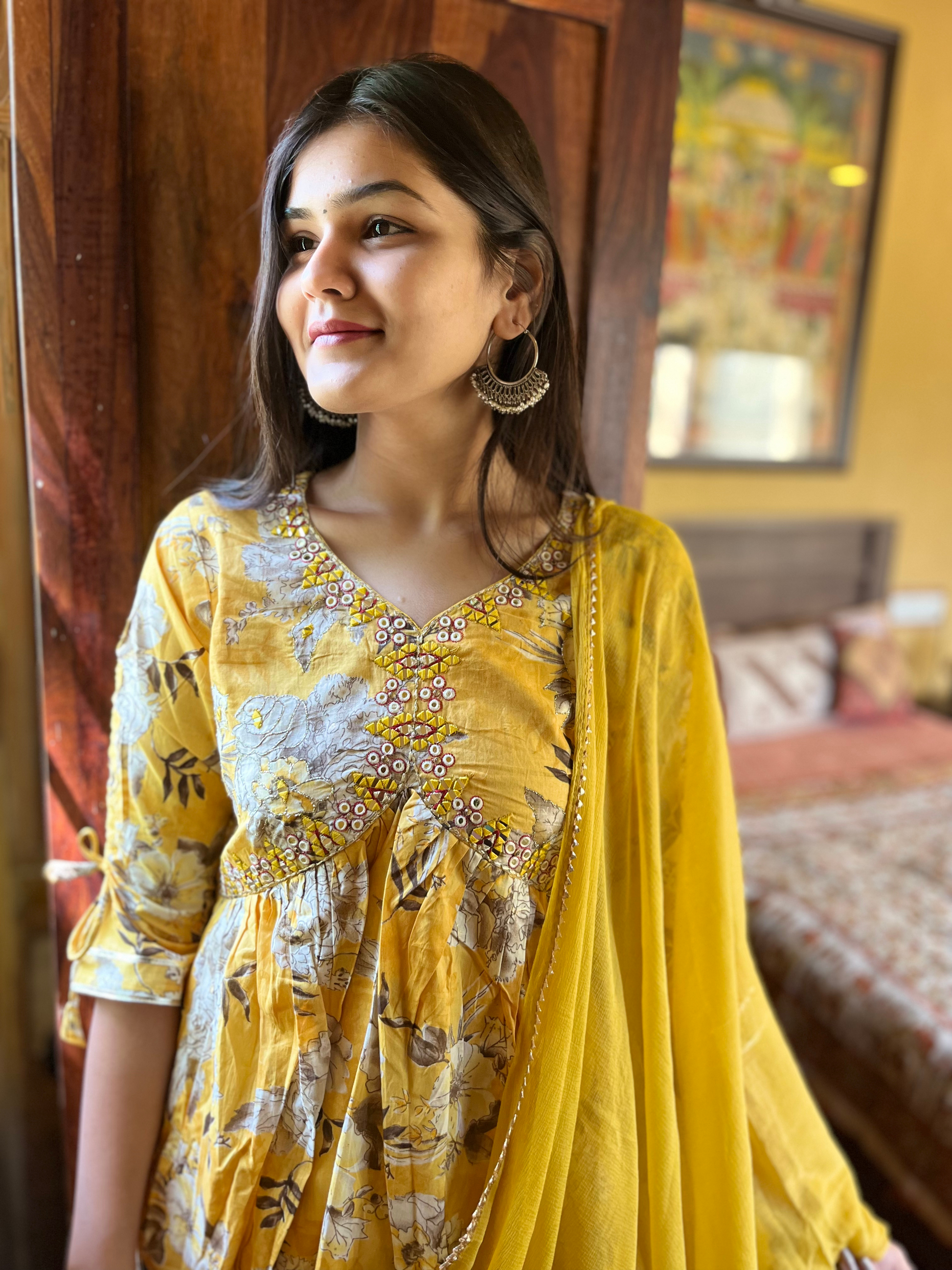 Mul Cotton Alia Cut Sharara Set with Nazlin Dupatta- 3 Piece