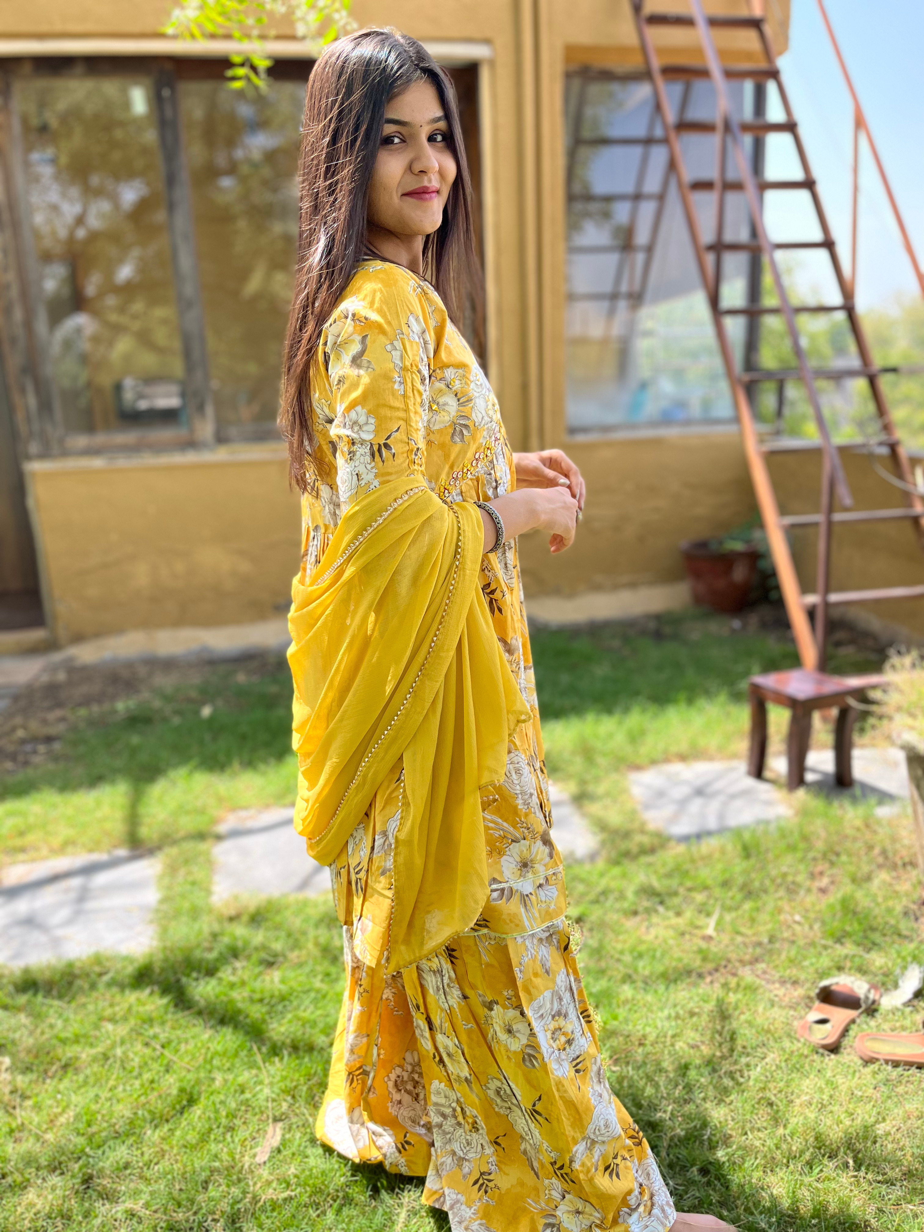 Mul Cotton Alia Cut Sharara Set with Nazlin Dupatta- 3 Piece