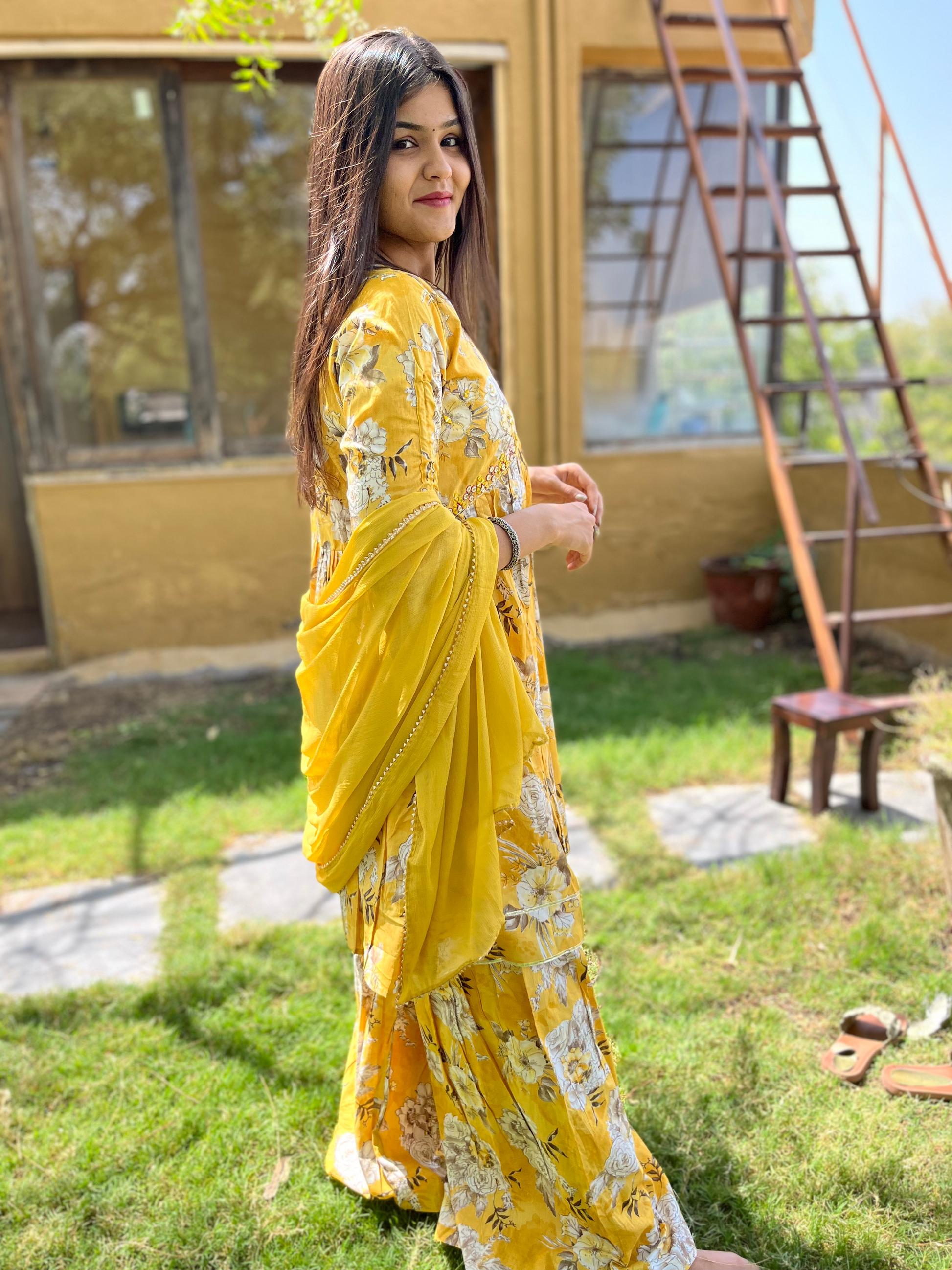 Mul Cotton Alia Cut Sharara Set with Nazlin Dupatta- 3 Piece