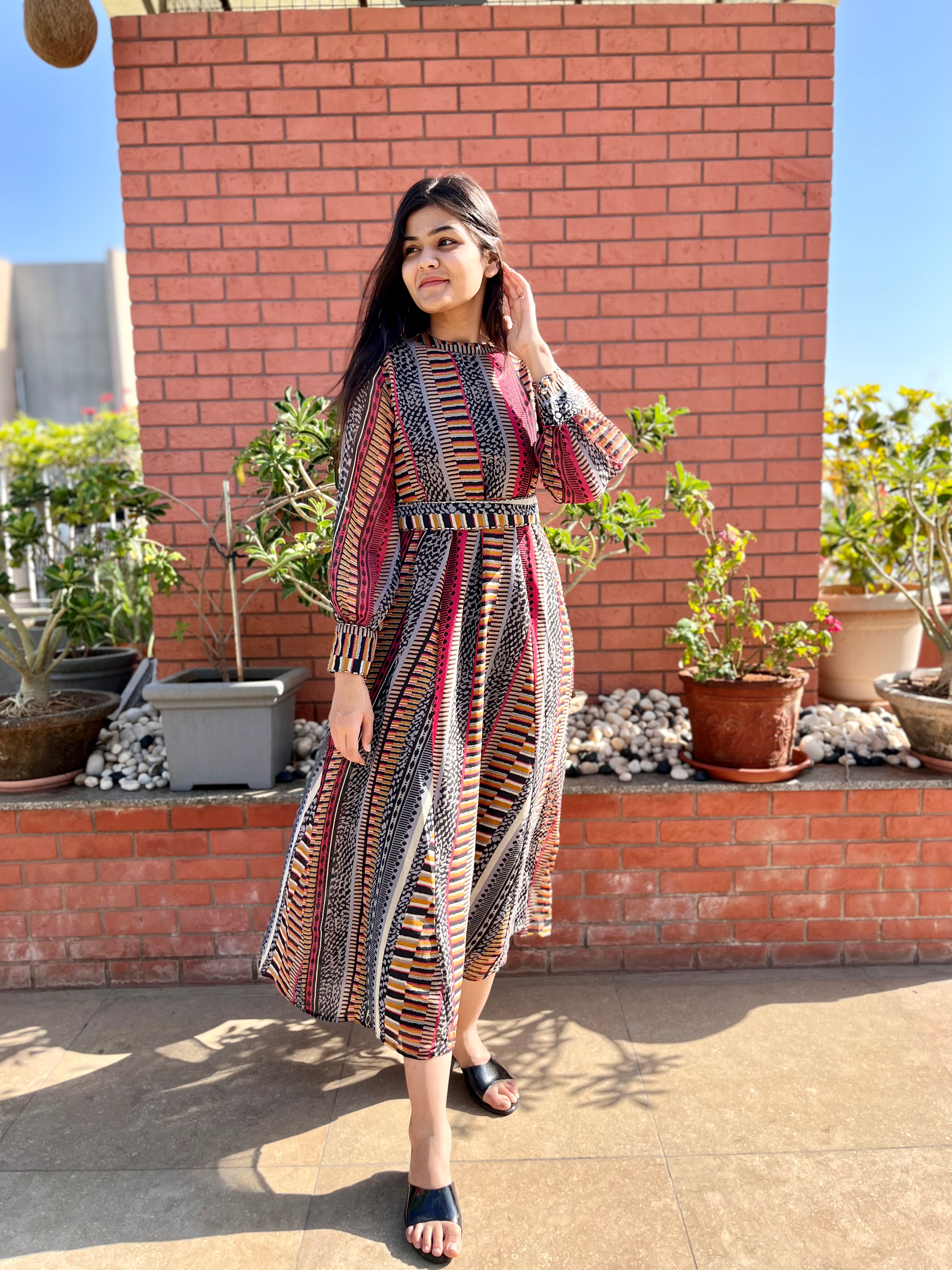 Image of Georgette Gown with Belt - Block Print