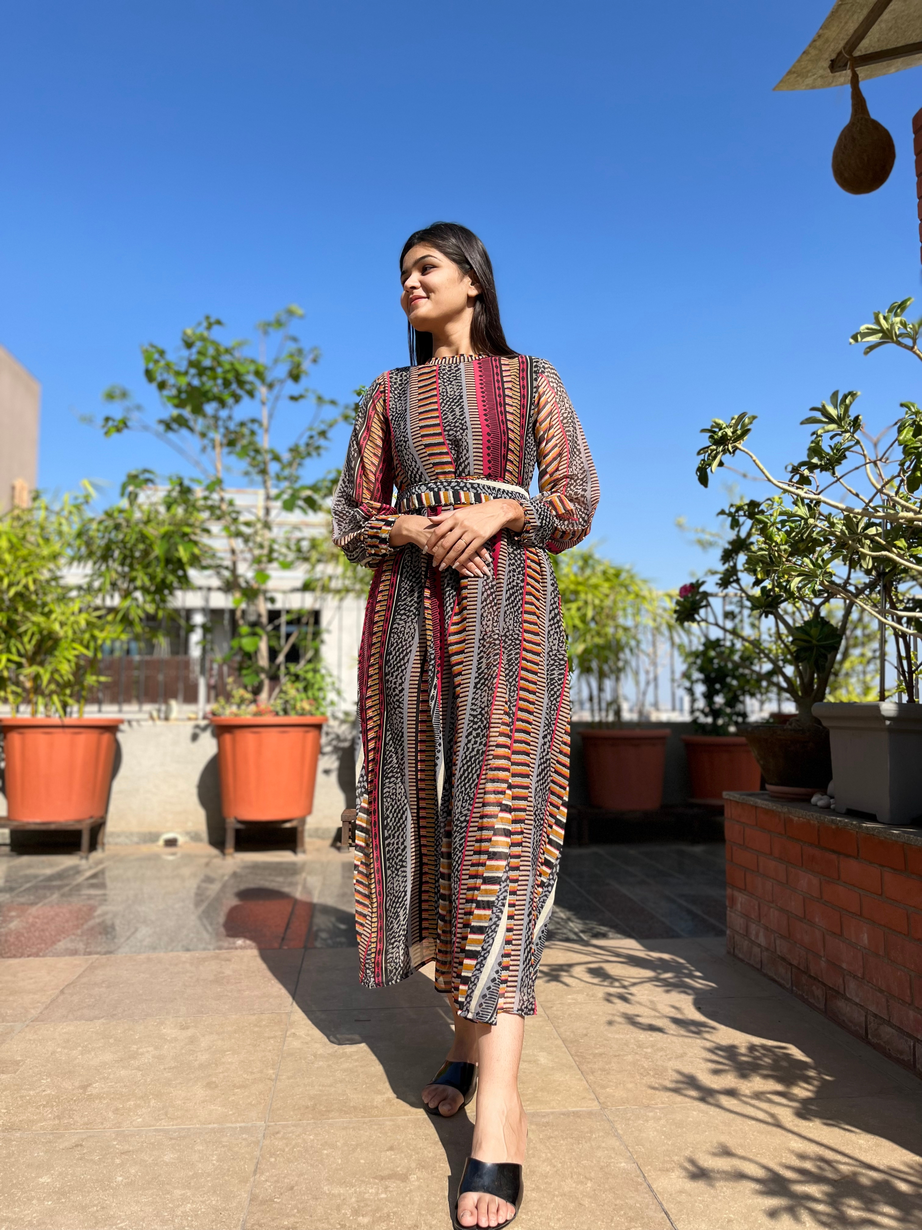 Georgette Gown with Belt - Block Print