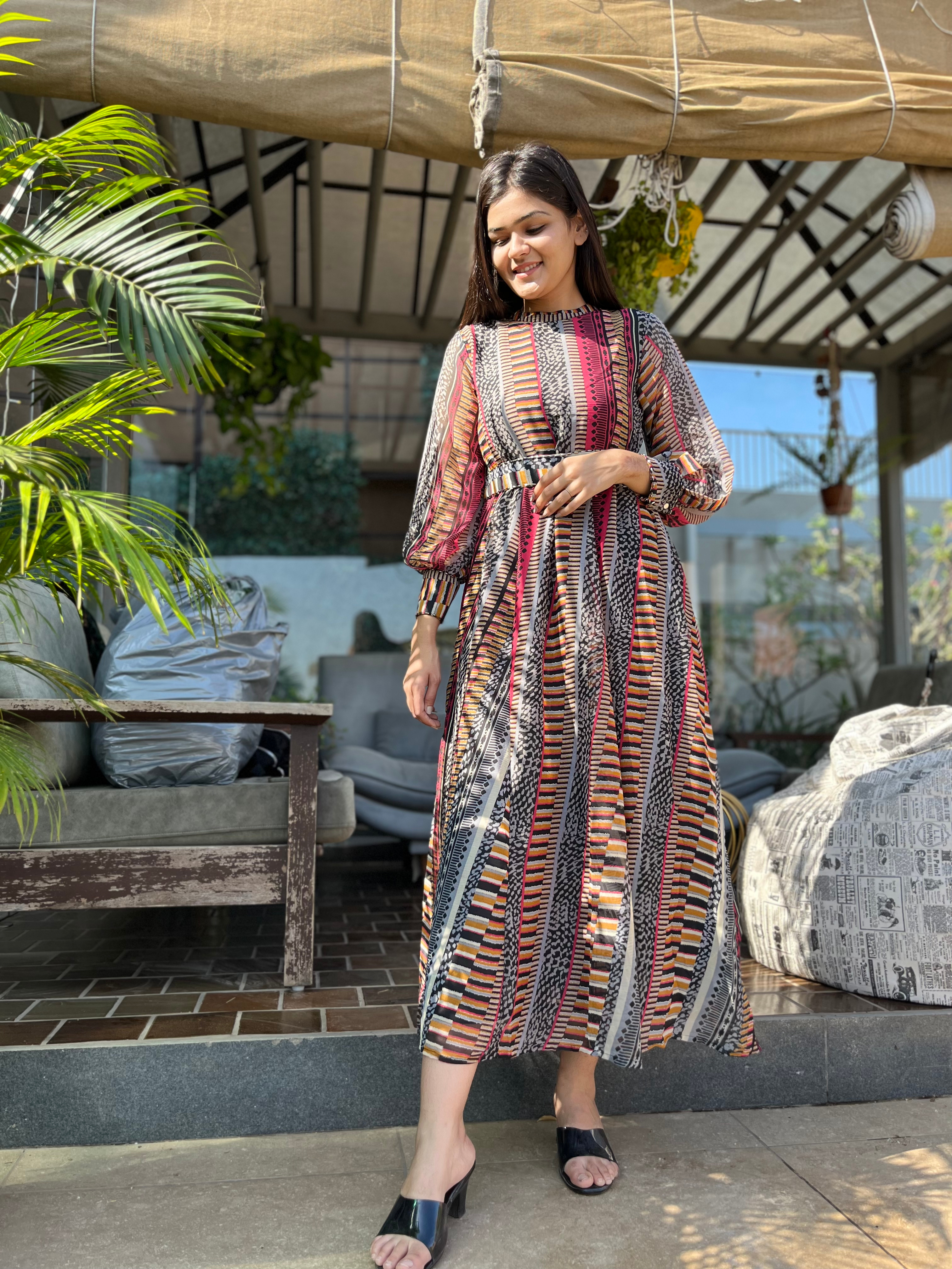 Georgette Gown with Belt - Block Print