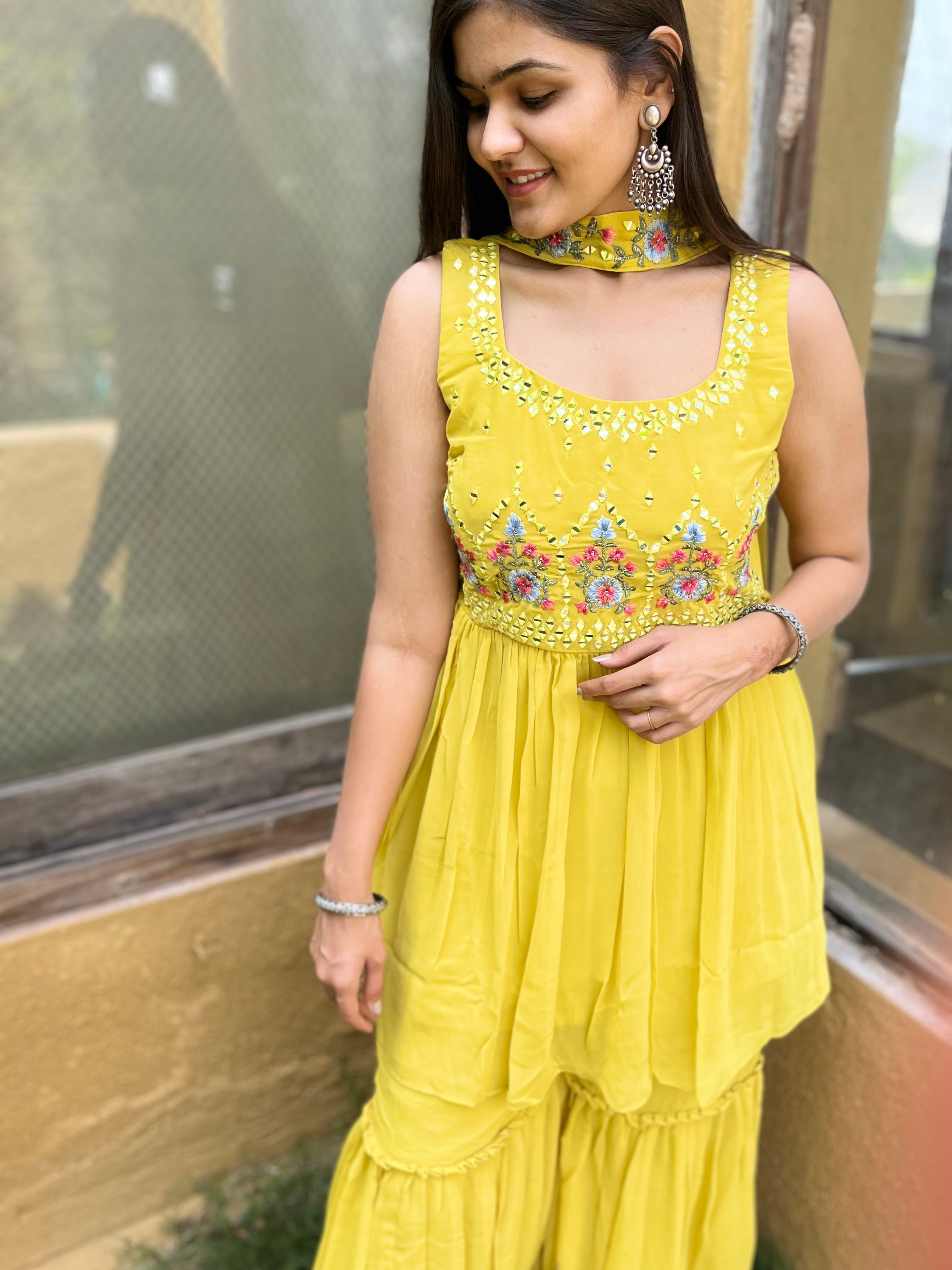 Image of Georgette Yellow : 3 Piece Sharara Set